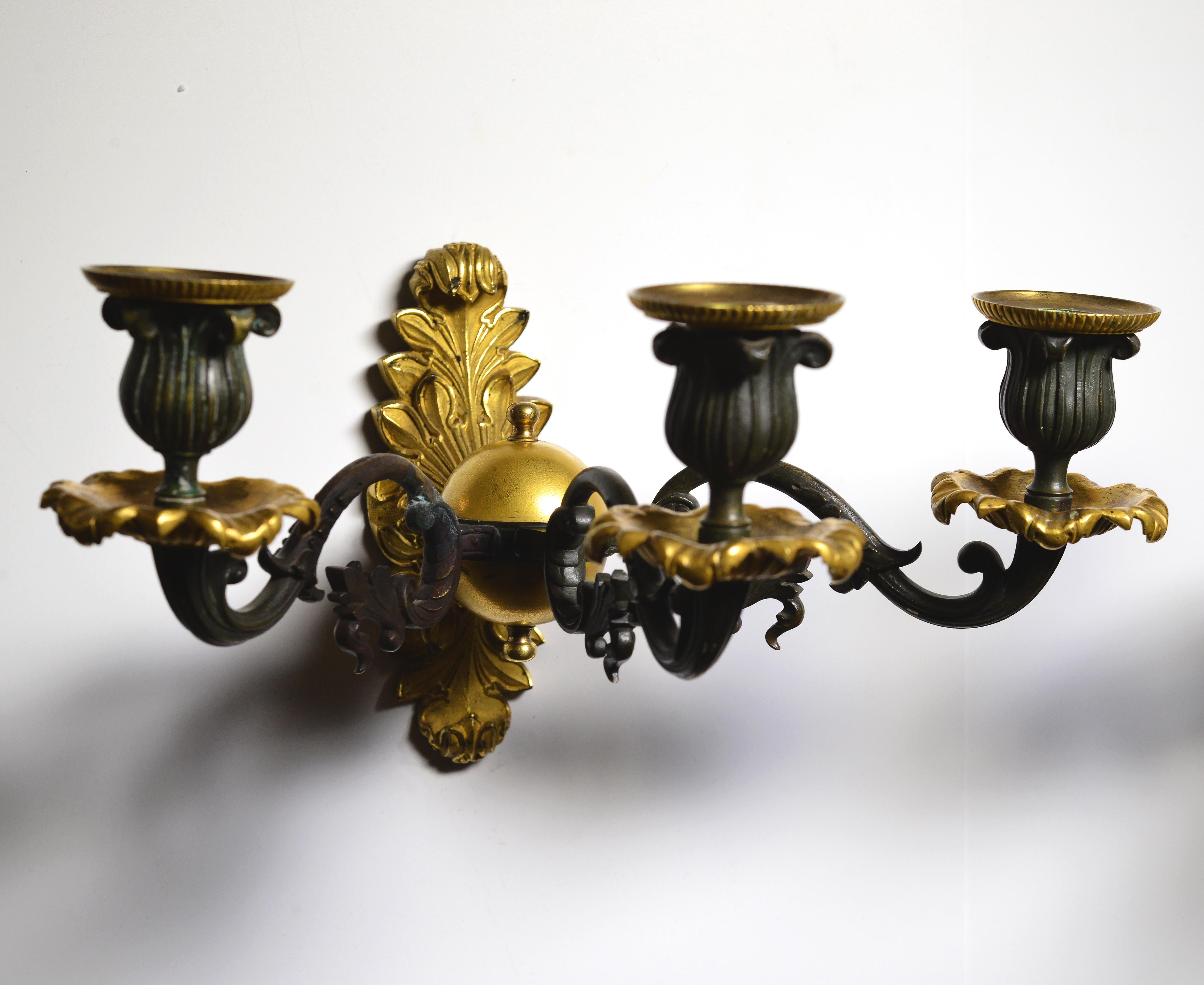 Pair Antique Neoclassical Gilt Bronze w Patina Sconces 3 light Wall Candelabra In Good Condition For Sale In Sweden, SE