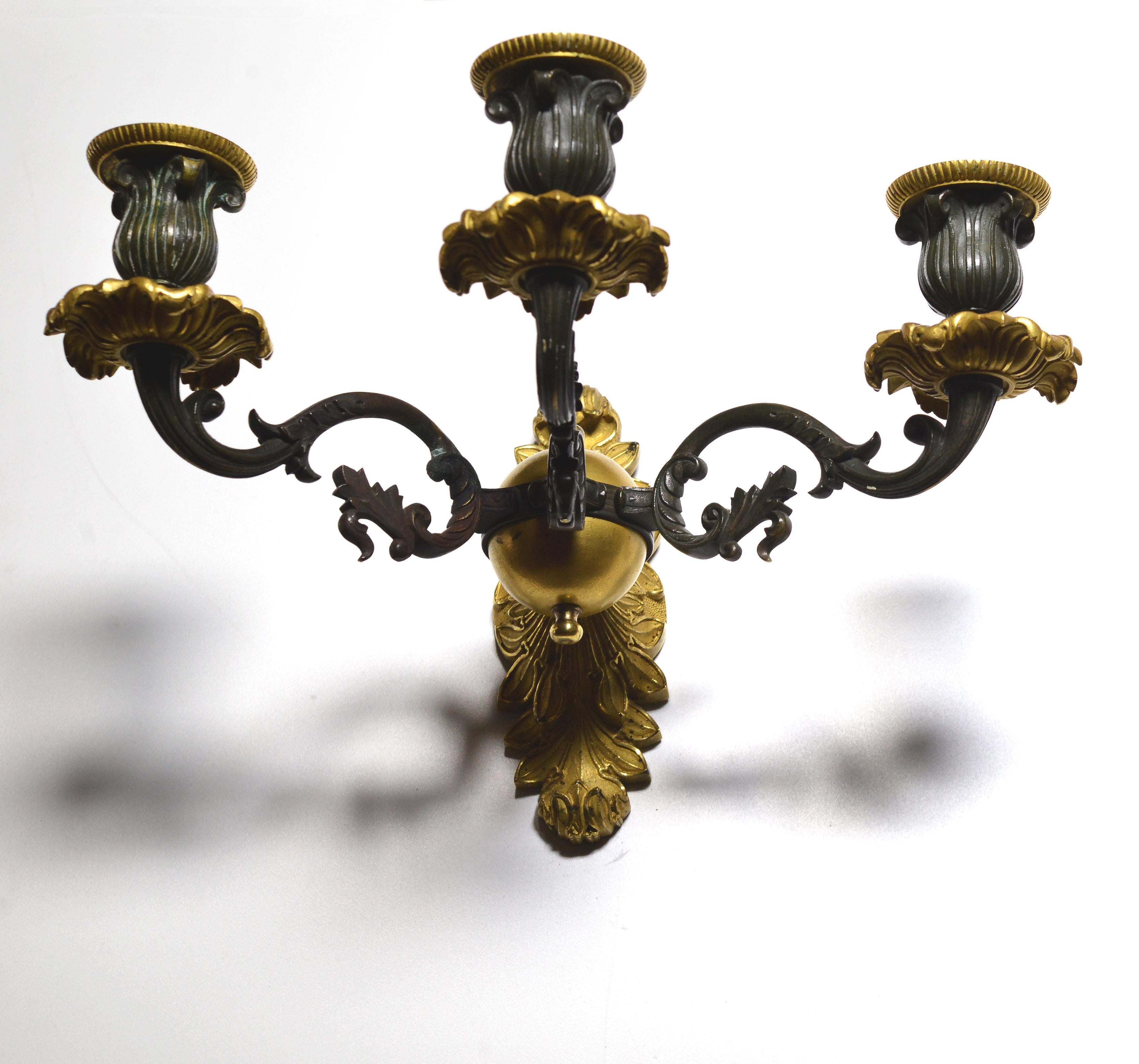 Metal Pair Antique Neoclassical Gilt Bronze w Patina Sconces 3 light Wall Candelabra For Sale