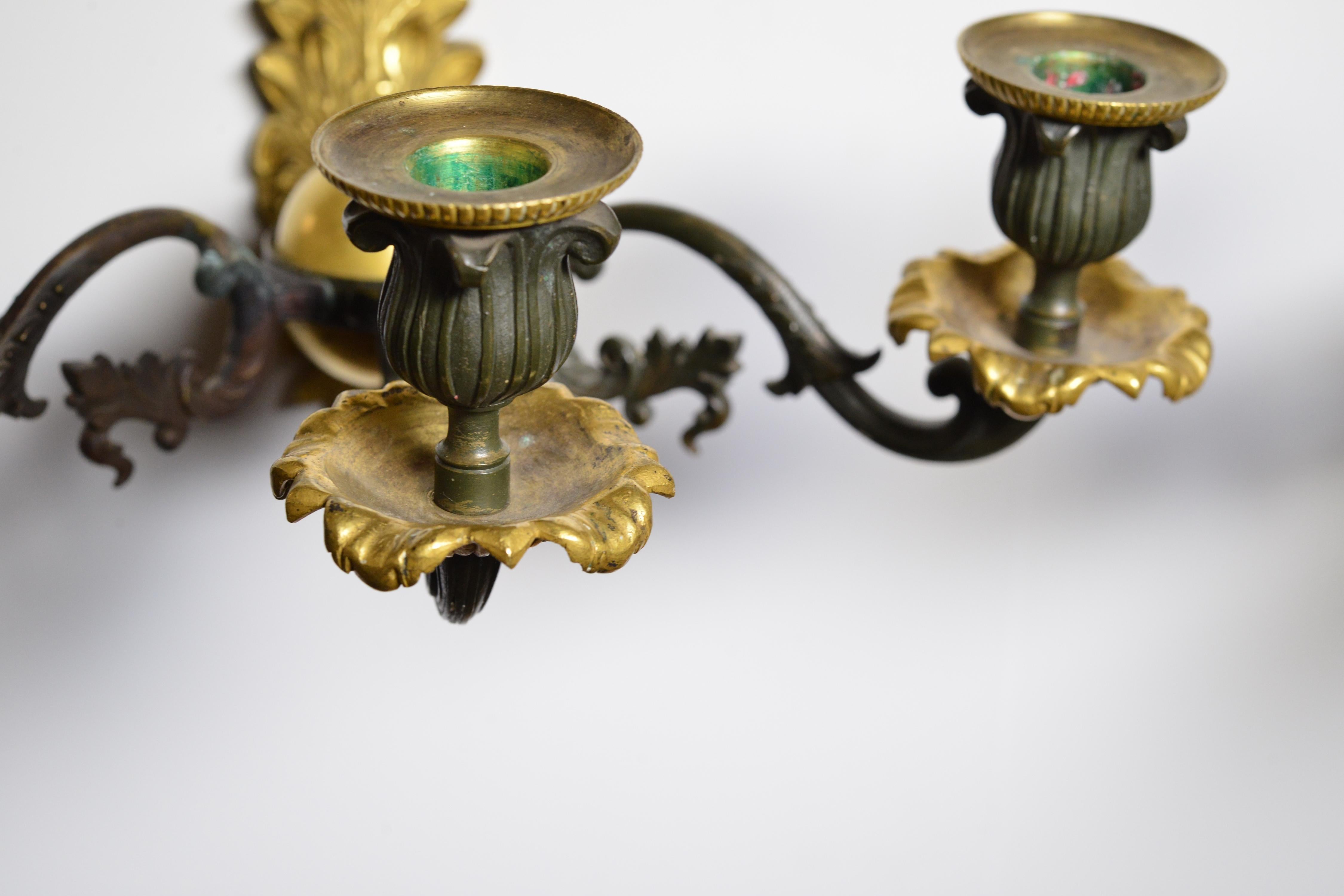 Pair Antique Neoclassical Gilt Bronze w Patina Sconces 3 light Wall Candelabra For Sale 3