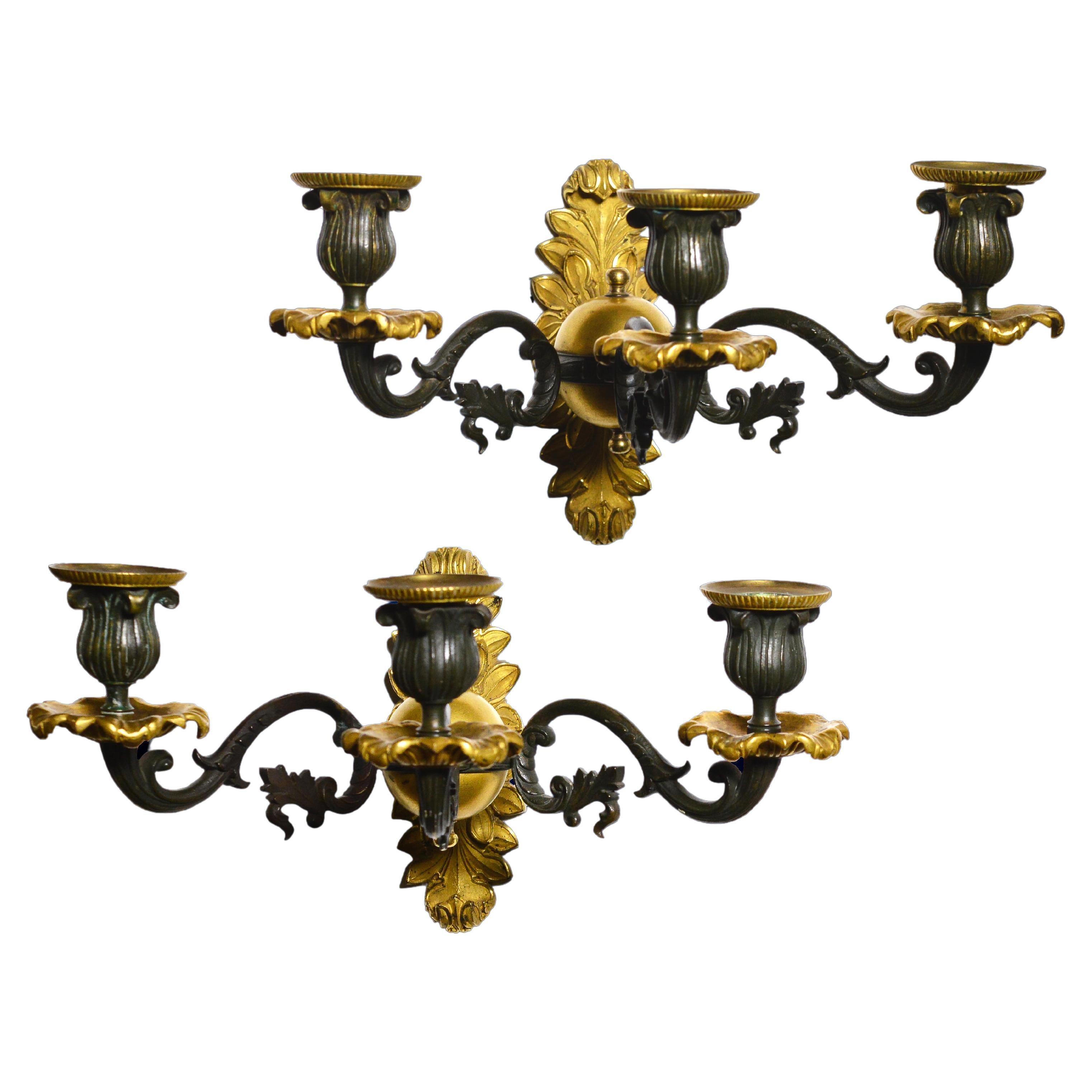 Pair Antique Neoclassical Gilt Bronze w Patina Sconces 3 light Wall Candelabra For Sale