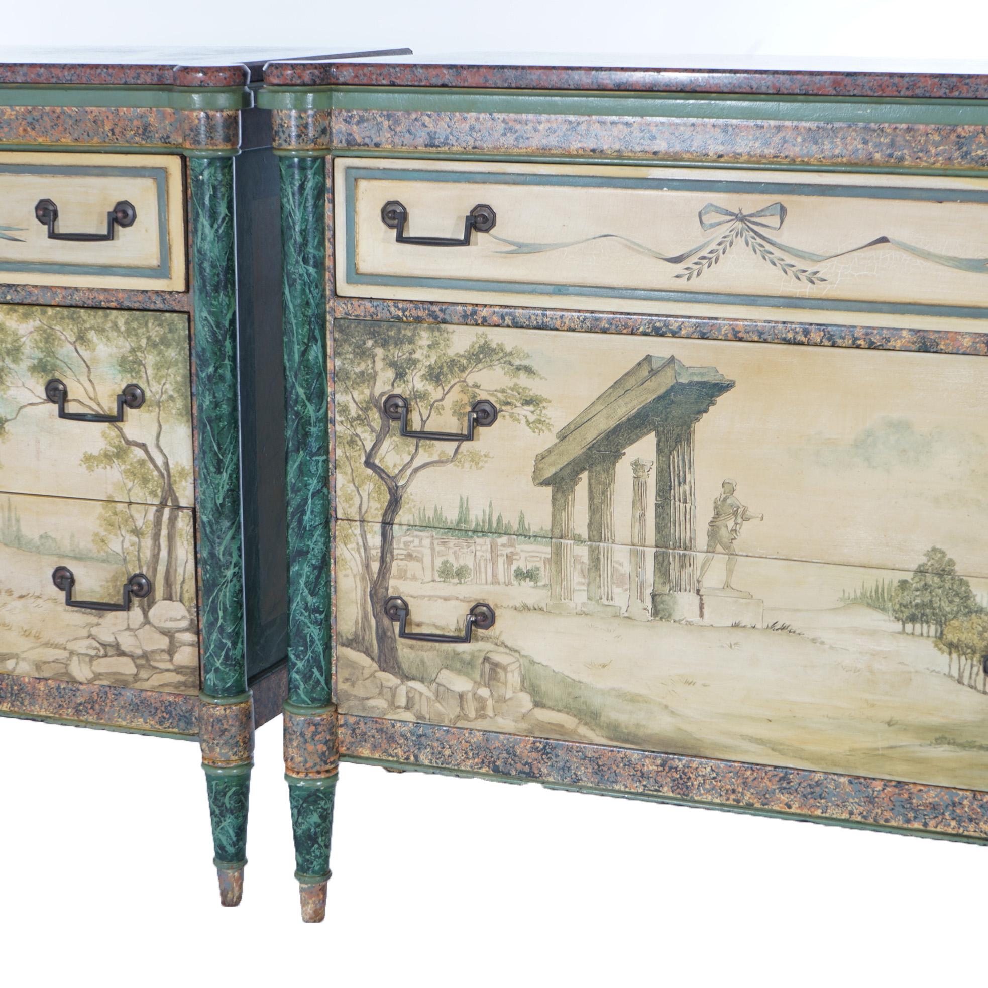 ***Ask About Reduced In-House Delivery Rates - Reliable Professional Service & Fully Insured***
Pair of Antique Neoclassical Italian School Faux Painted & Rouge Marble Chests with Landscape & Architectural Ruins, c1920

Measures- 33.75''H x 36.75''W