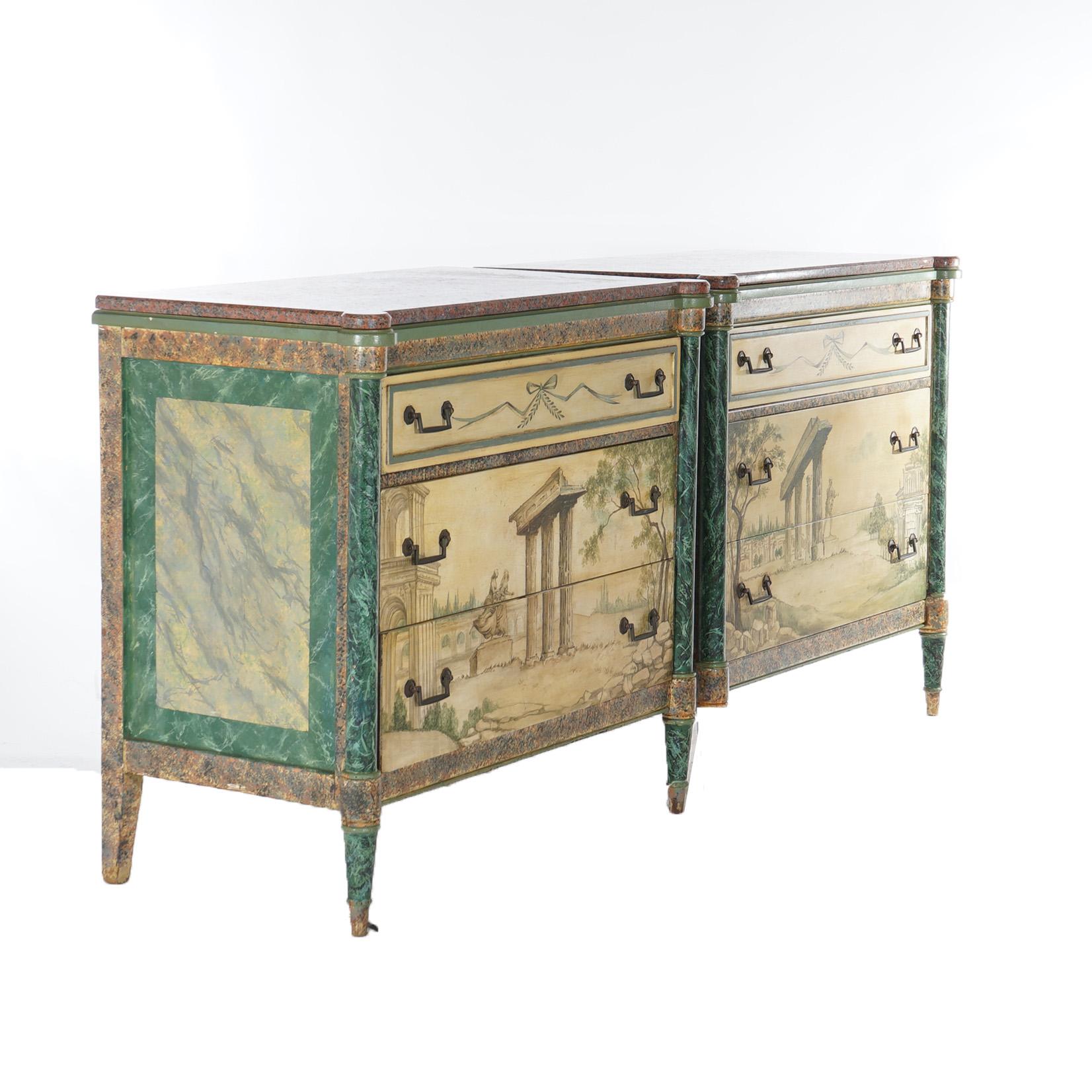 Classical Roman Pair Antique Neoclassical Italian School Faux Painted & Rouge Marble Chests For Sale
