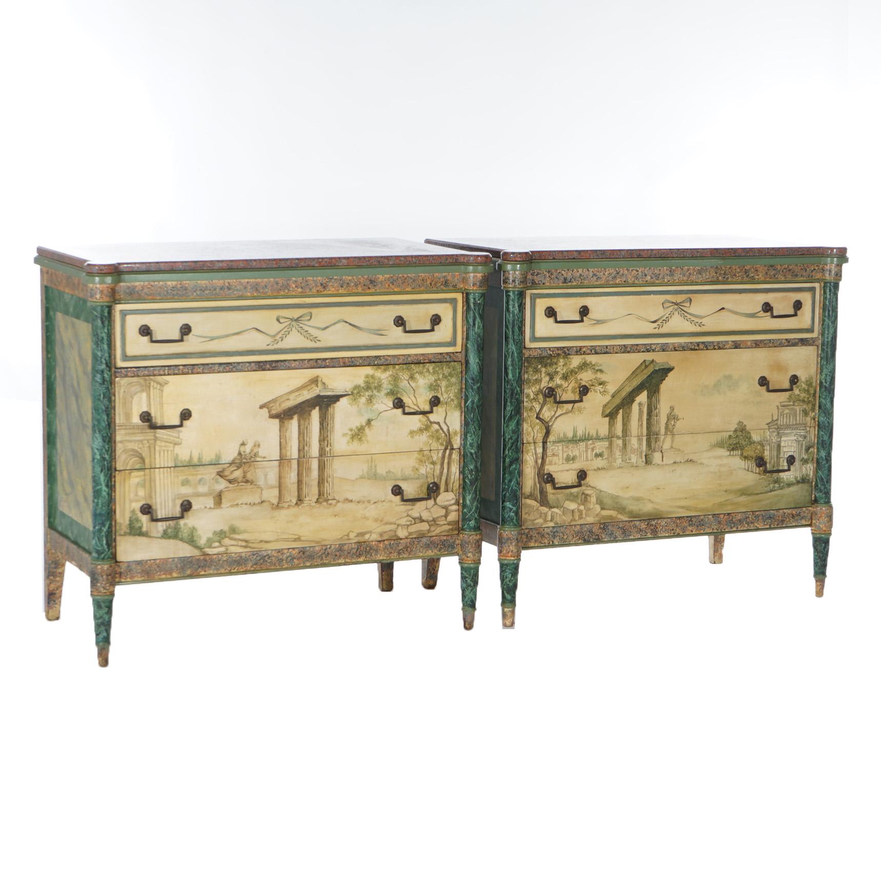 Pair Antique Neoclassical Italian School Faux Painted & Rouge Marble Chests In Good Condition For Sale In Big Flats, NY