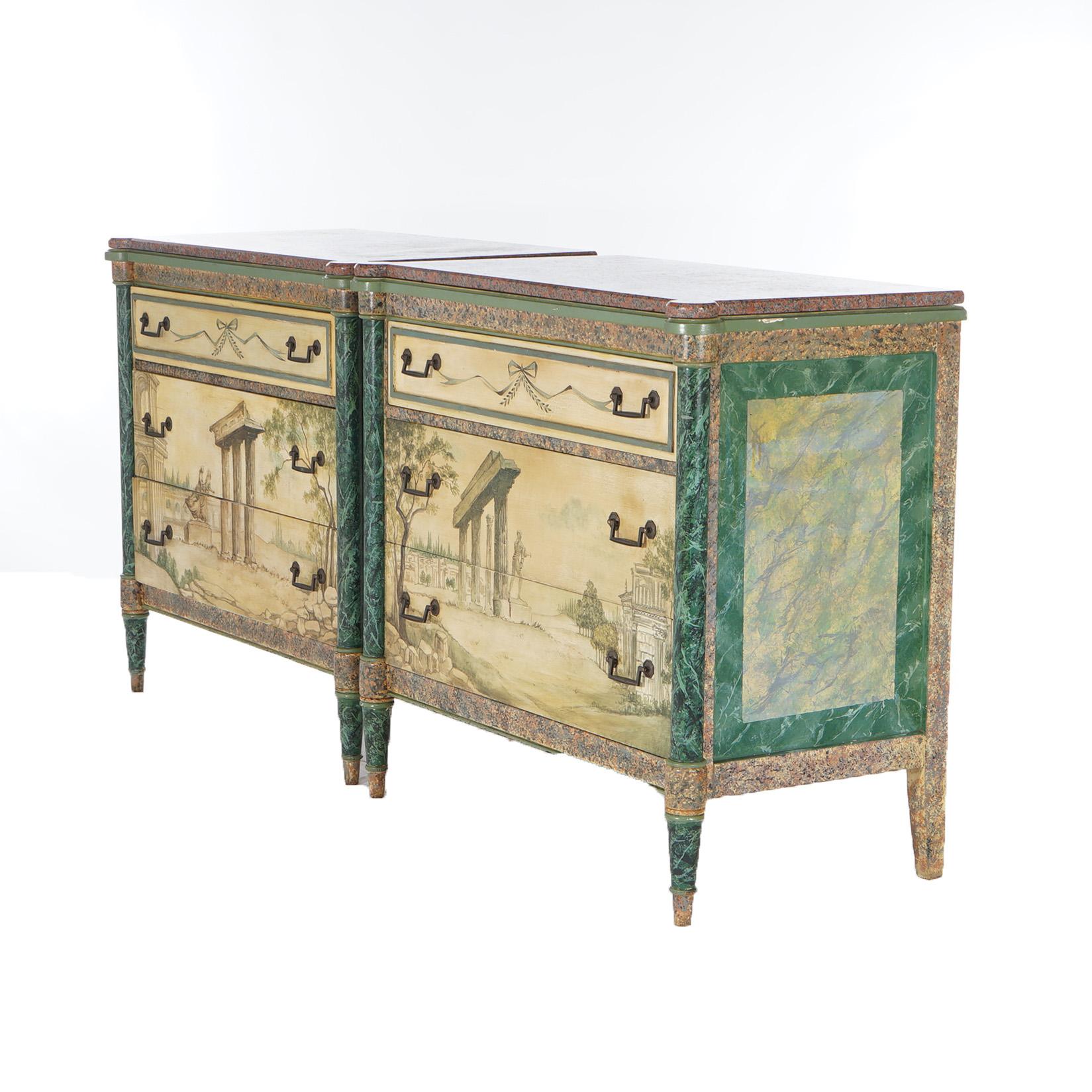 20th Century Pair Antique Neoclassical Italian School Faux Painted & Rouge Marble Chests For Sale