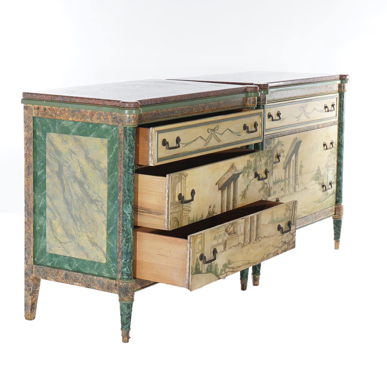 Pair Antique Neoclassical Italian School Faux Painted & Rouge Marble Chests For Sale 1