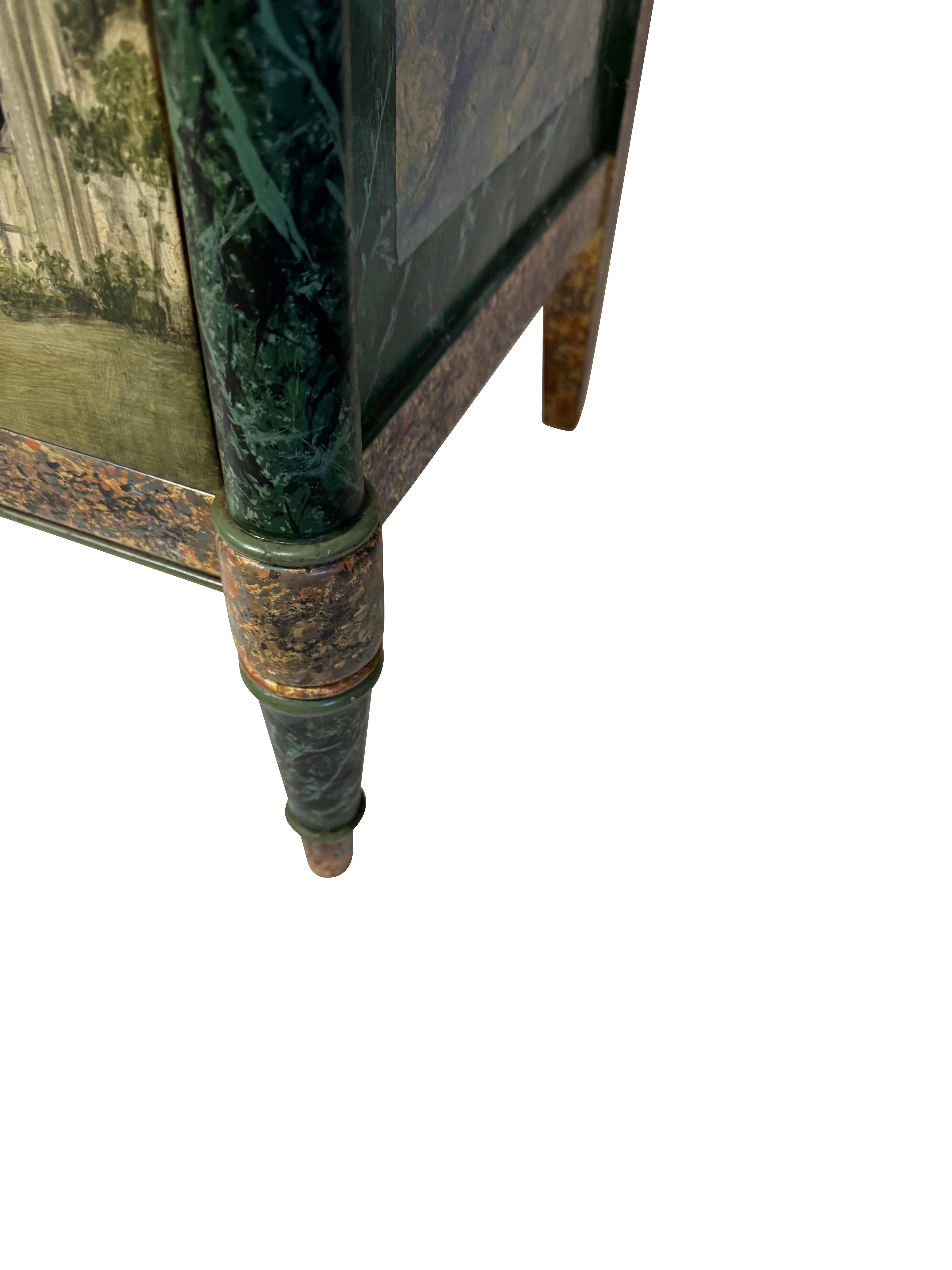 Pair Antique Neoclassical Italian School Green Faux Painted  Rouge Marble Chests For Sale 5