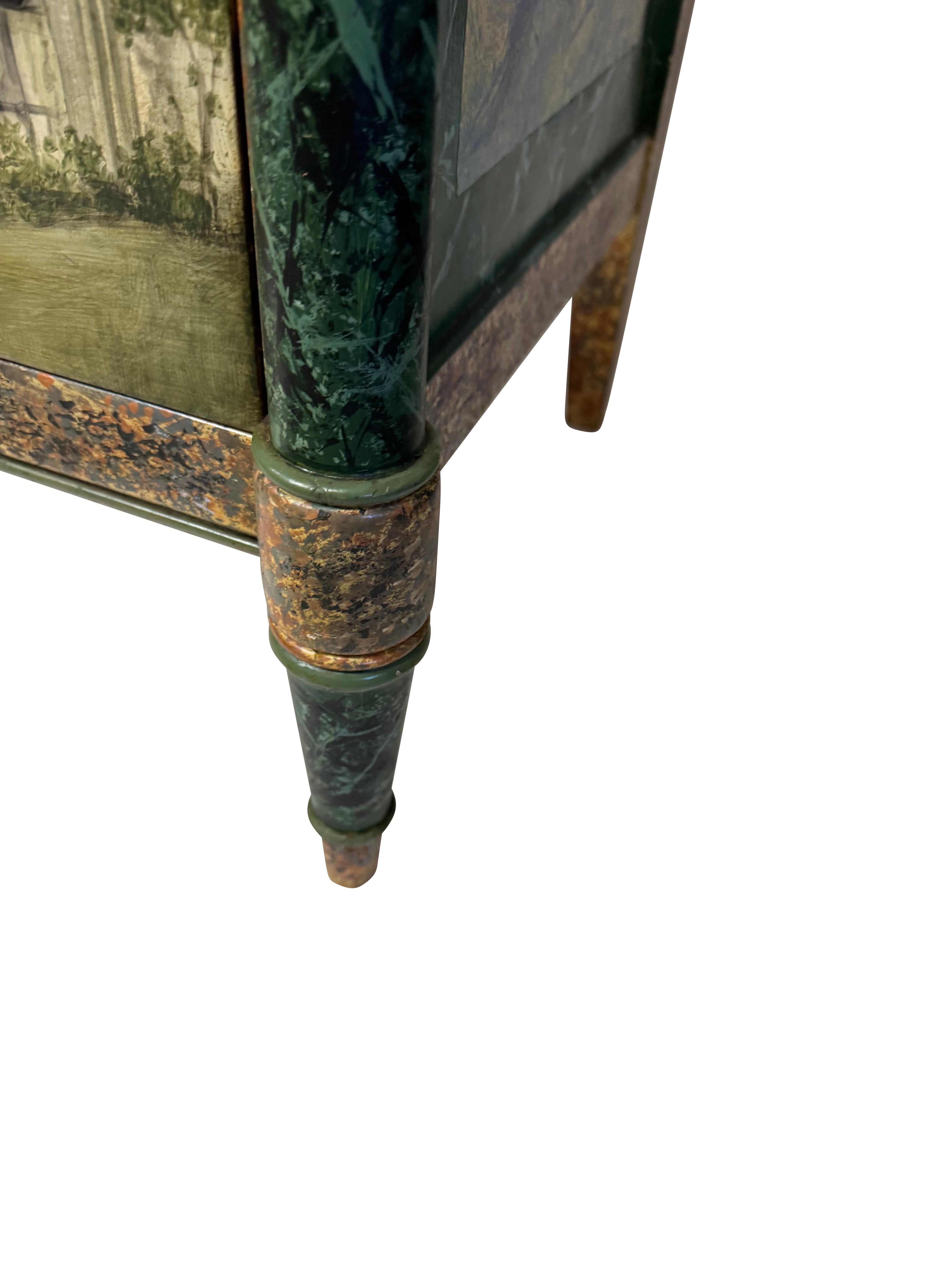 Pair Antique Neoclassical Italian School Green Faux Painted  Rouge Marble Chests For Sale 6