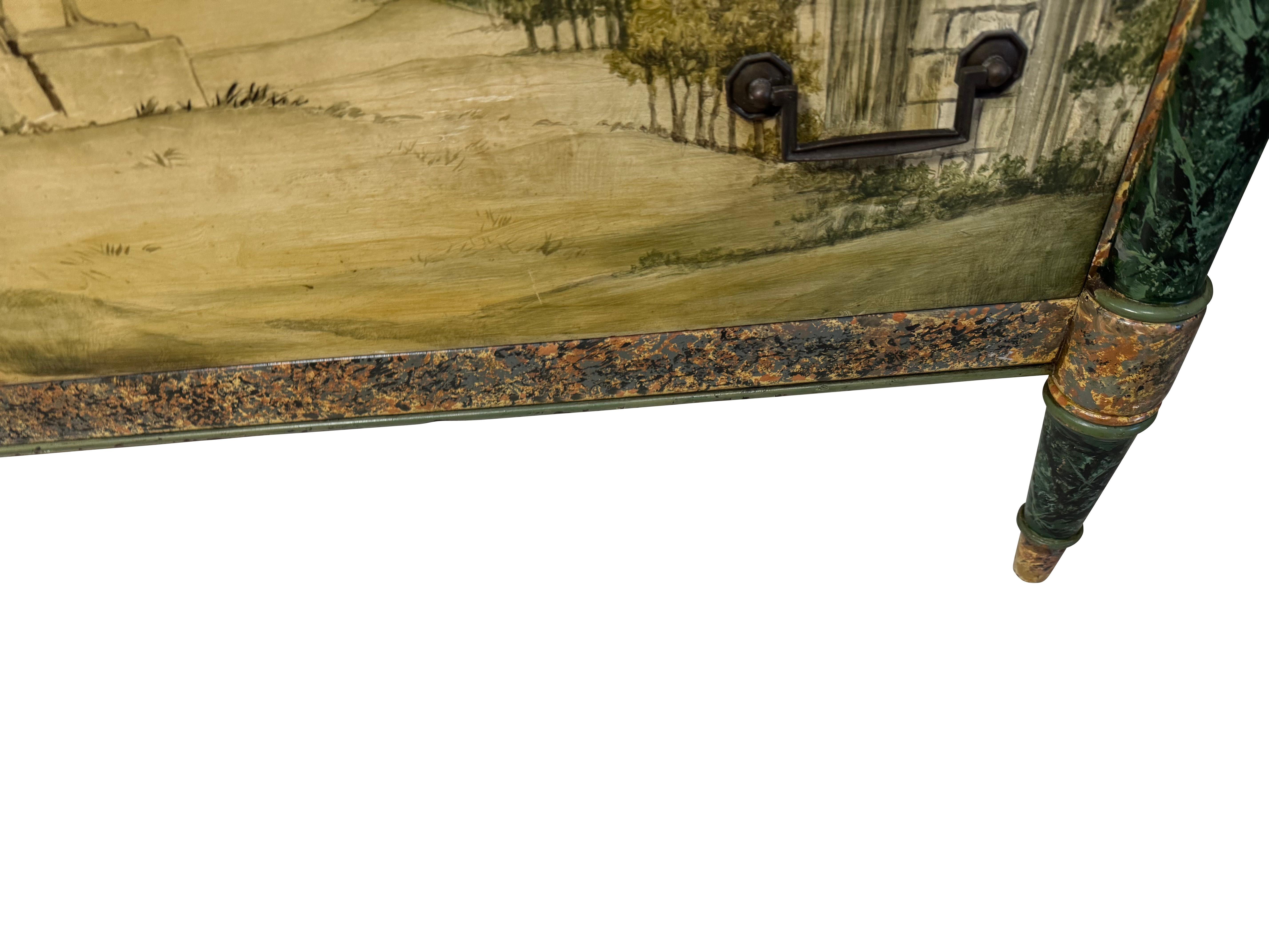 Pair Antique Neoclassical Italian School Green Faux Painted  Rouge Marble Chests For Sale 7