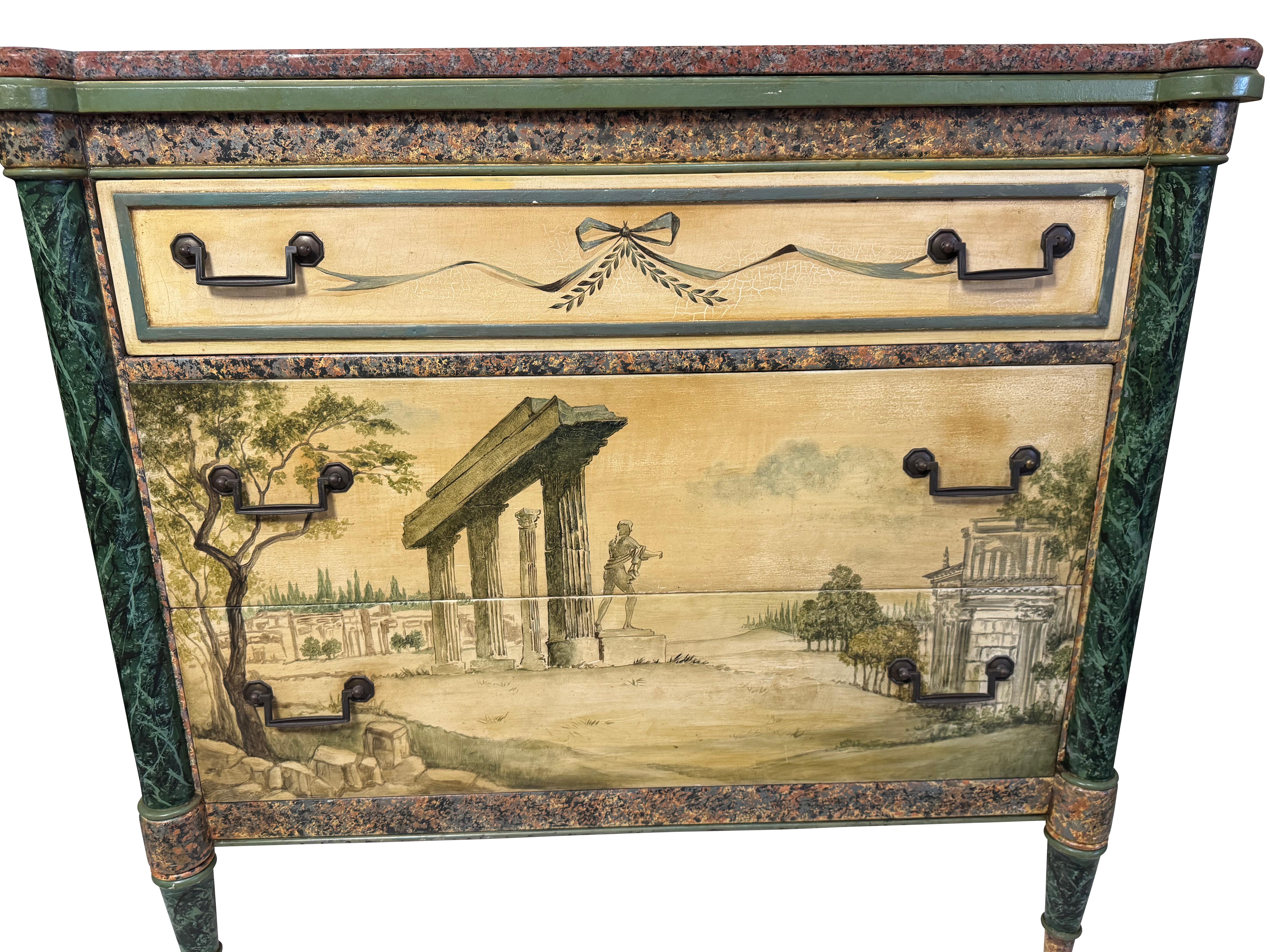 Pair Antique Neoclassical Italian School Green Faux Painted  Rouge Marble Chests For Sale 8