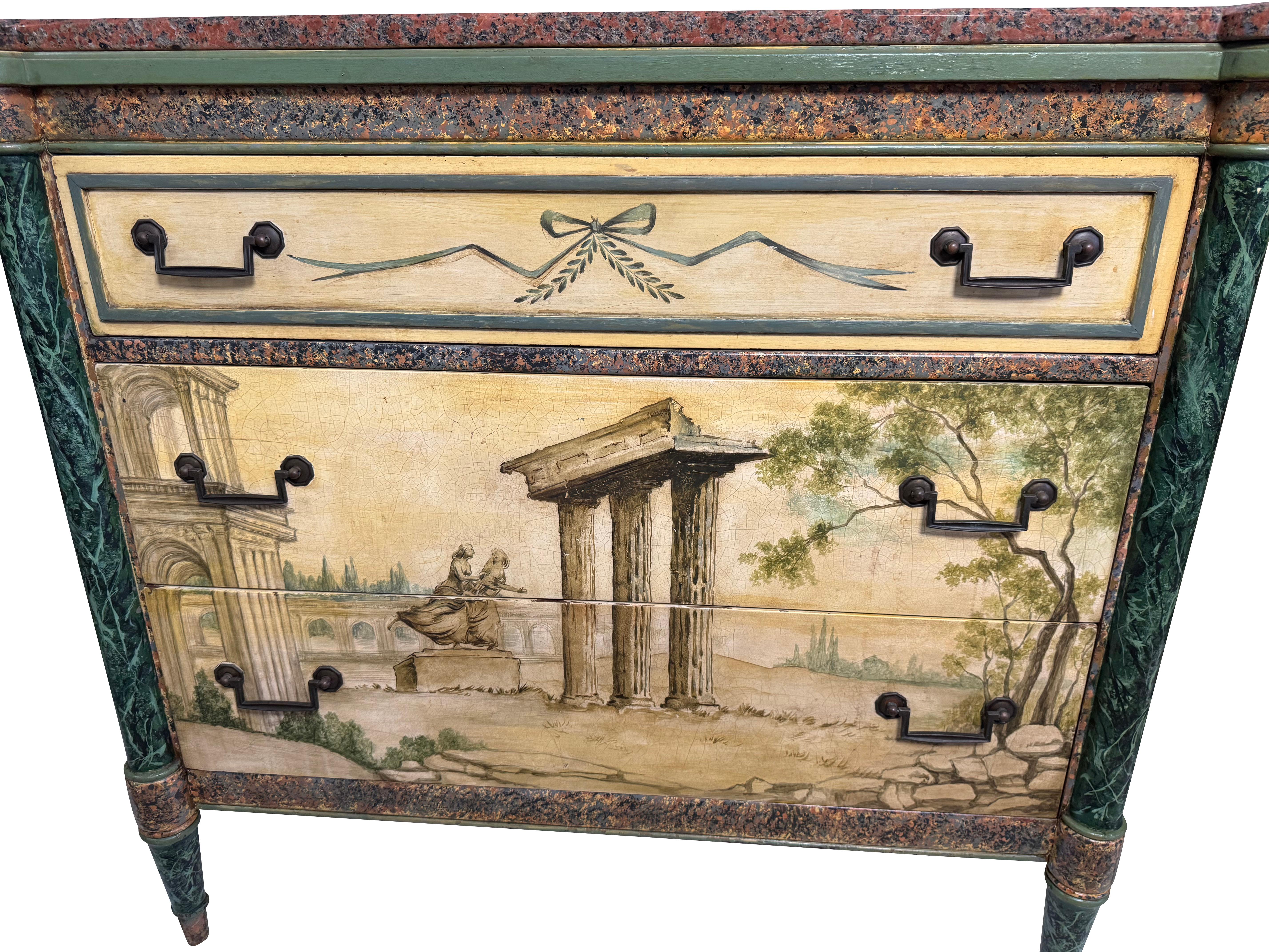 Pair Antique Neoclassical Italian School Green Faux Painted  Rouge Marble Chests For Sale 9