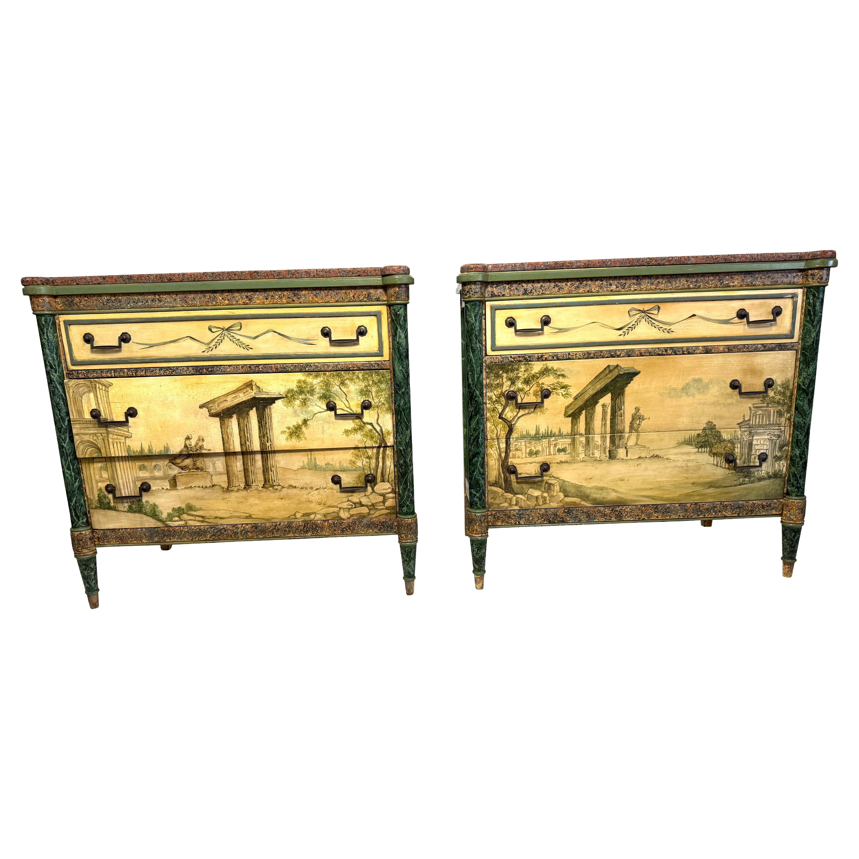 A lovely pair of antique Neoclassical Italian School faux painted & rouge marble chests with landscape & architectural ruins, c1900. This pair of finely decorated Neoclassical chests are hand-painted with marbelized faux columns and aprons.  The
