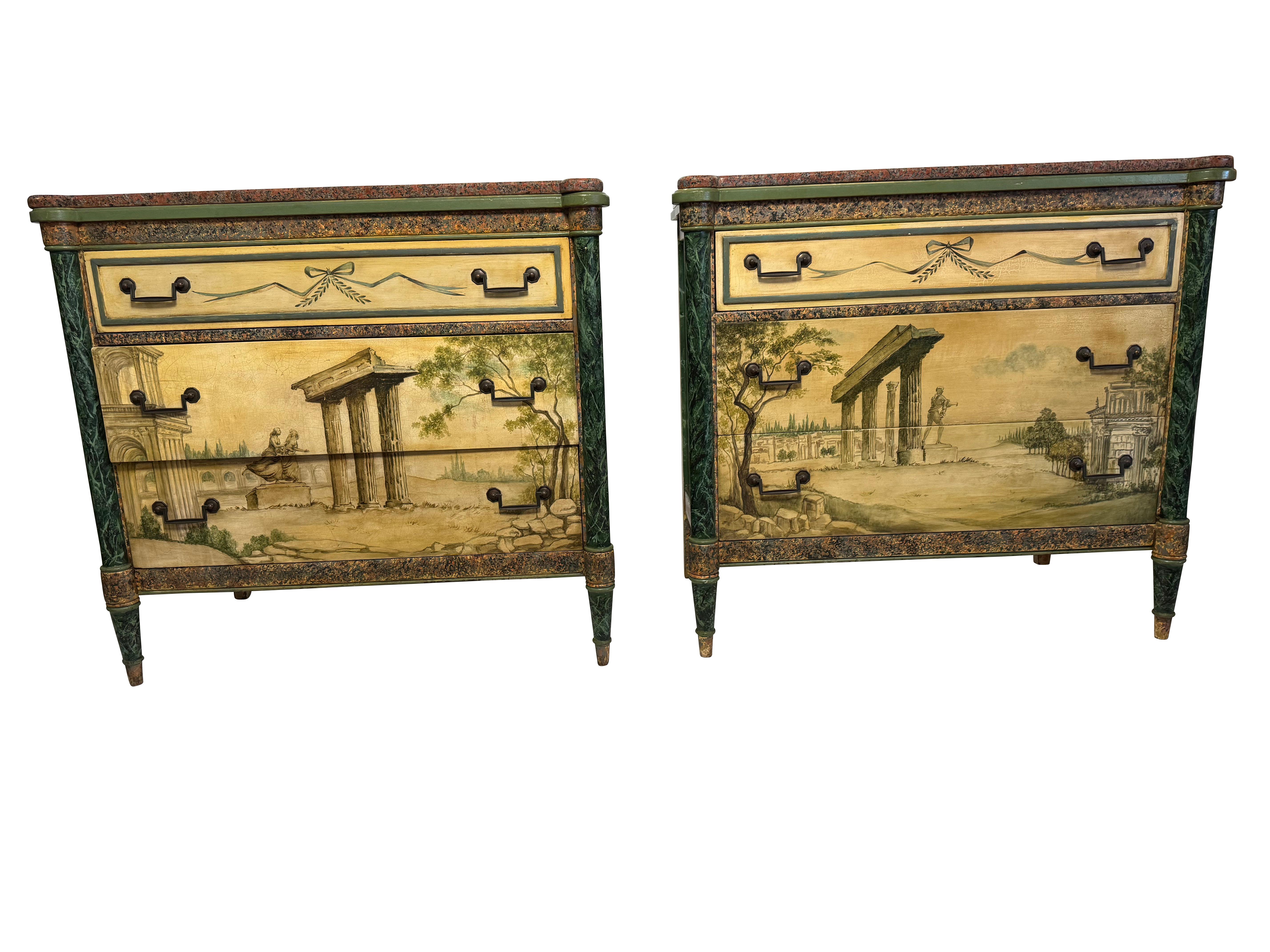 Pair Antique Neoclassical Italian School Green Faux Painted  Rouge Marble Chests In Good Condition For Sale In Essex, MA