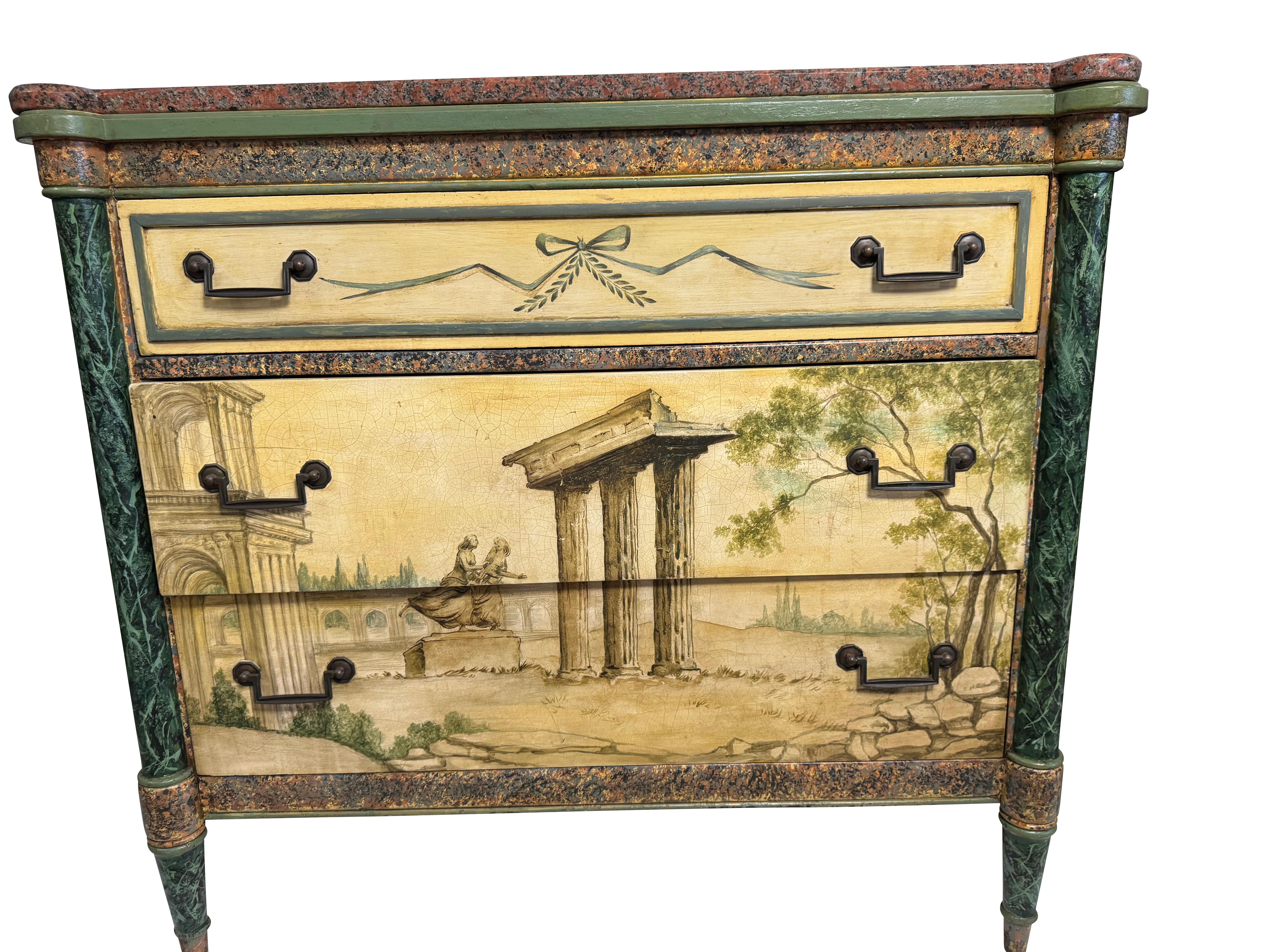 20th Century Pair Antique Neoclassical Italian School Green Faux Painted  Rouge Marble Chests For Sale