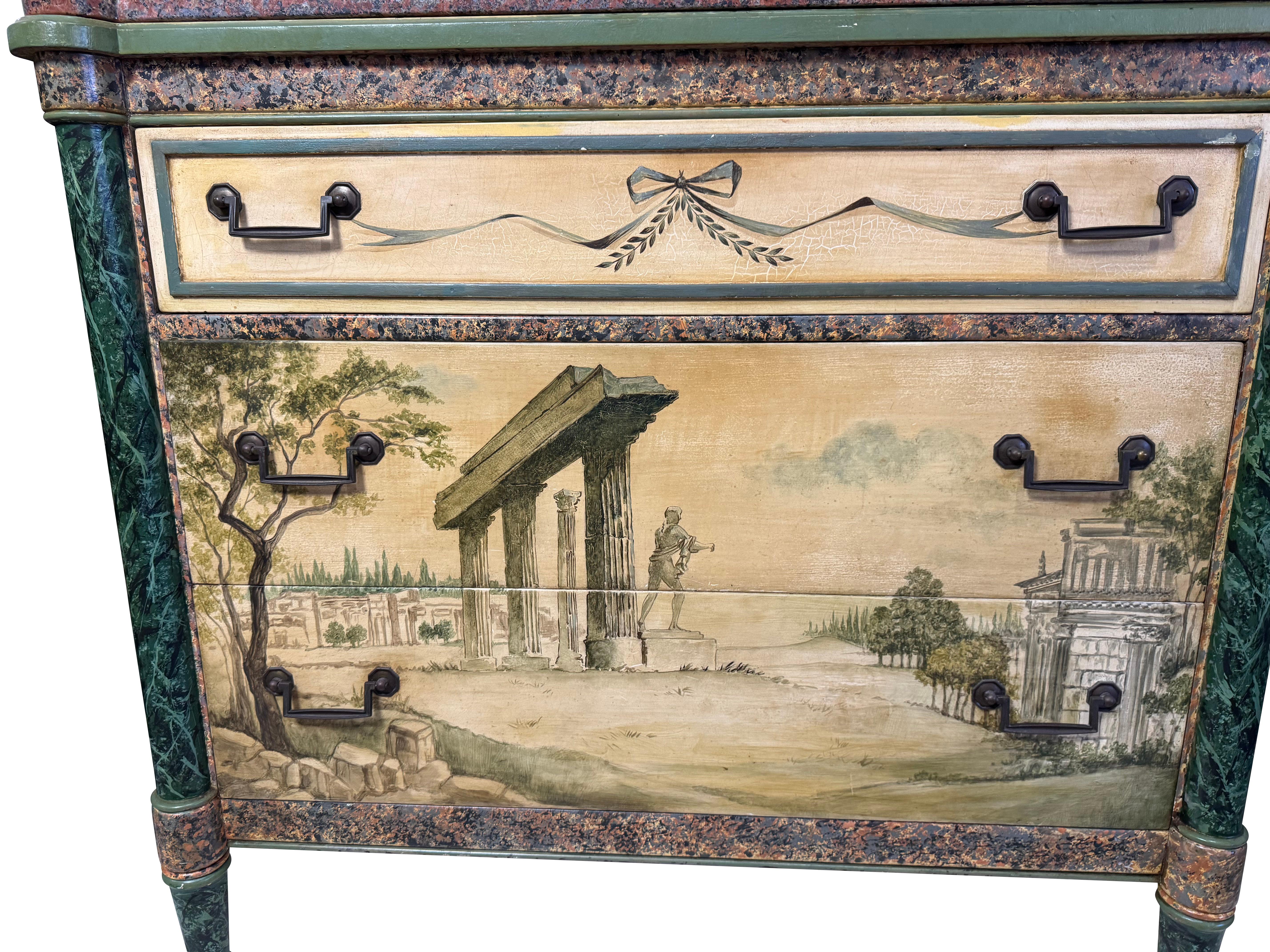 Pair Antique Neoclassical Italian School Green Faux Painted  Rouge Marble Chests For Sale 1