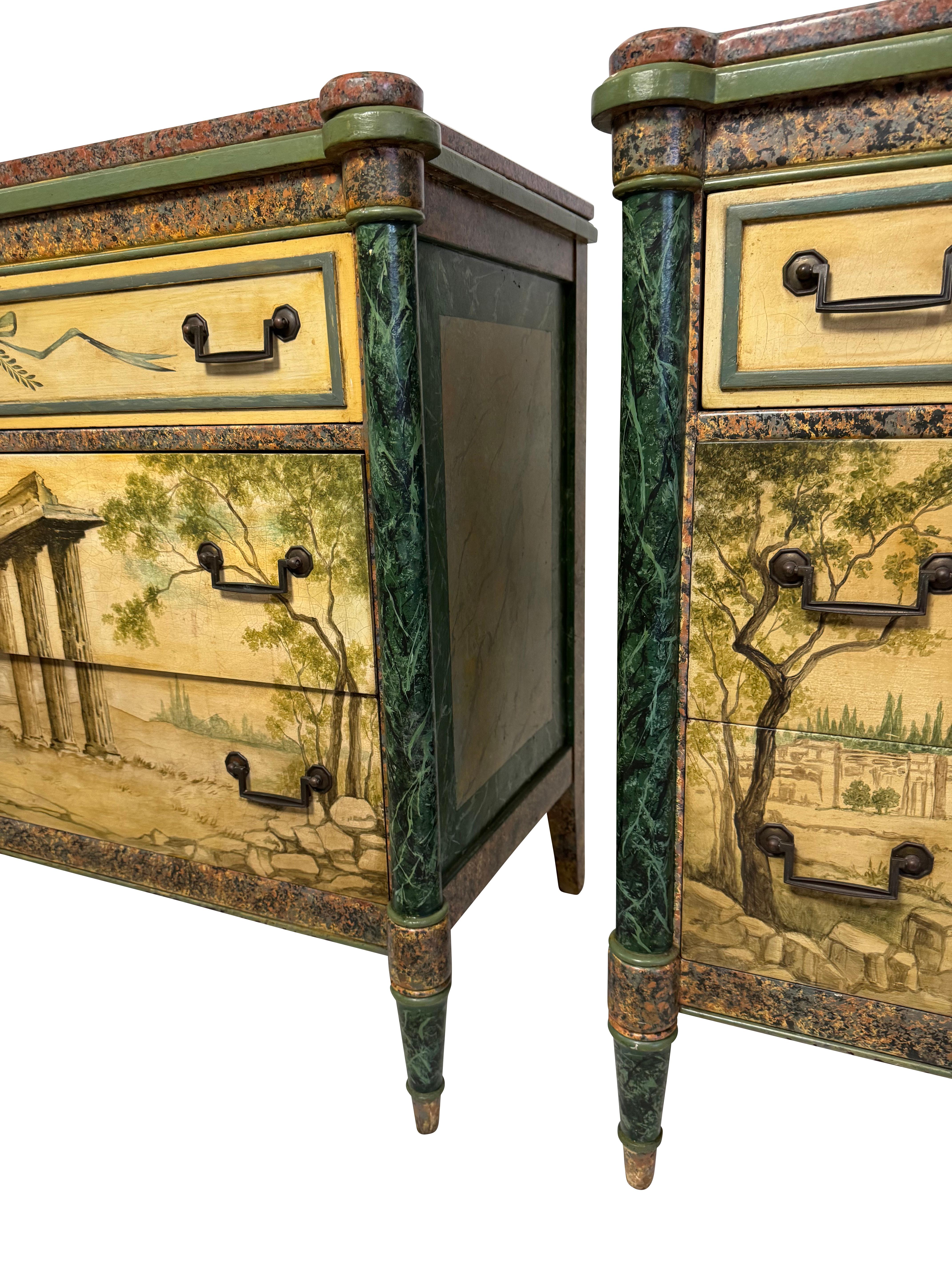 Pair Antique Neoclassical Italian School Green Faux Painted  Rouge Marble Chests For Sale 2