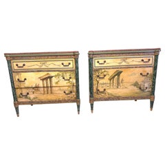 Pair Antique Neoclassical Italian School Green Faux Painted  Rouge Marble Chests