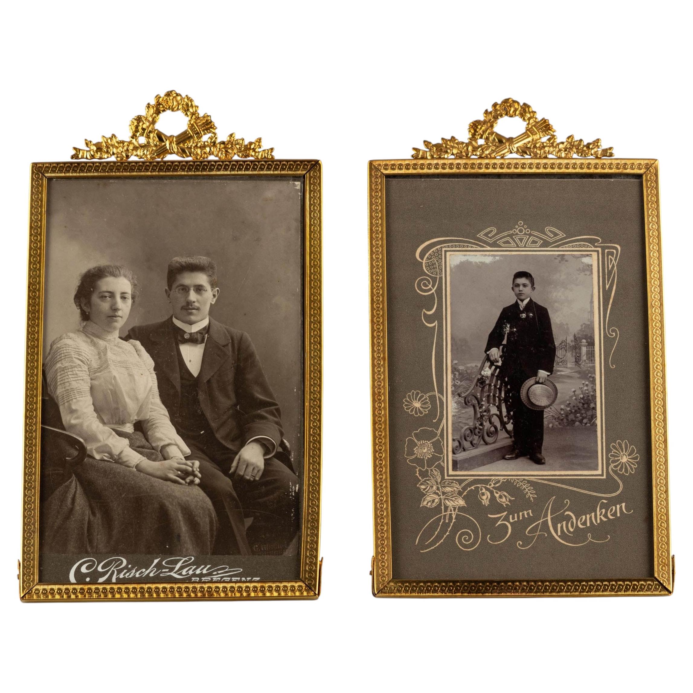 Pair Antique Neoclassical Louis XVI Style Gilt Brass Gold Photo Picture Frames