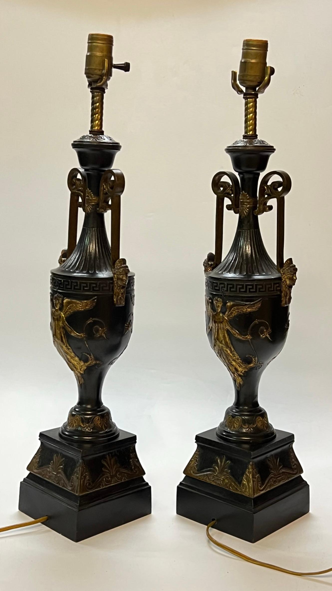 Pair Antique Neoclassical Patinated Bronze Table Lamps For Sale 7