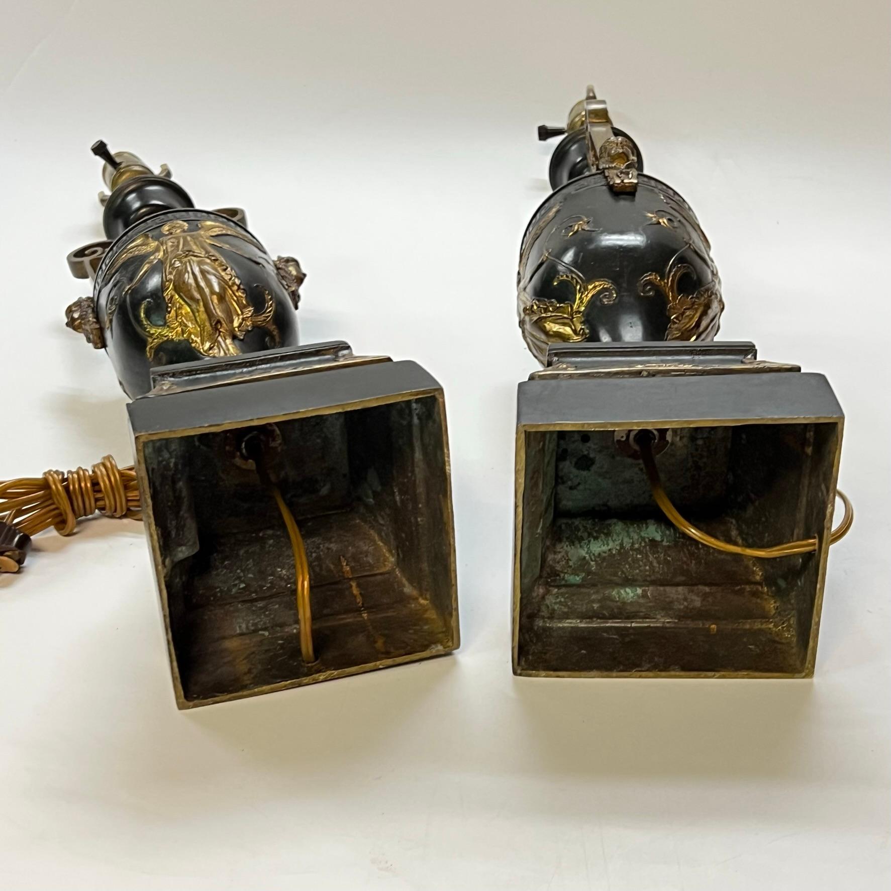 Pair Antique Neoclassical Patinated Bronze Table Lamps For Sale 11