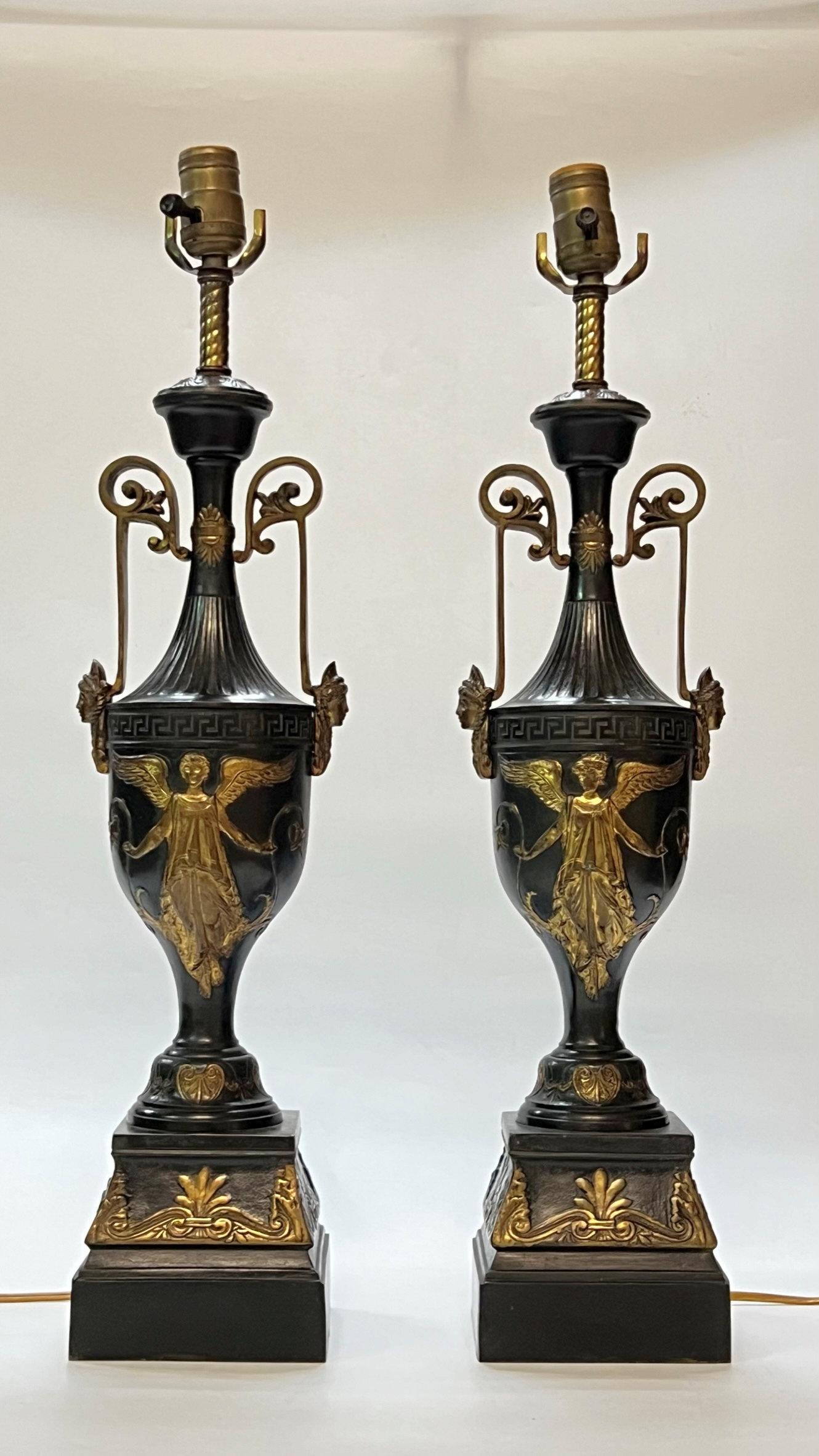 Greek Revival Pair Antique Neoclassical Patinated Bronze Table Lamps For Sale