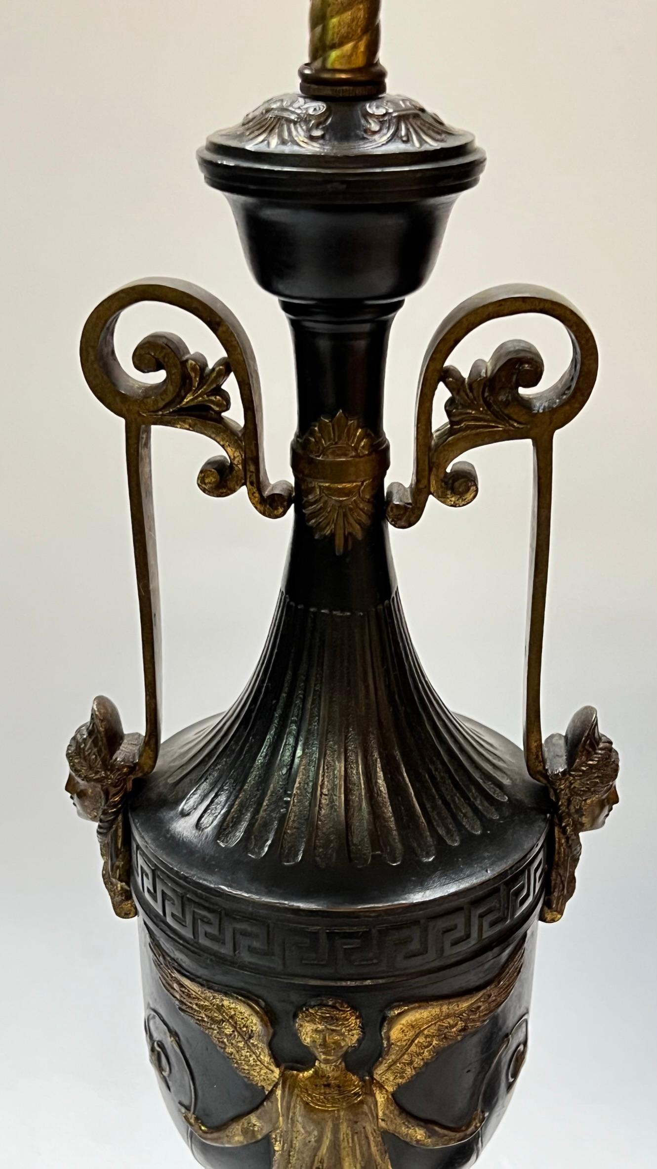 Pair Antique Neoclassical Patinated Bronze Table Lamps For Sale 1