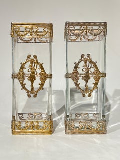 Pair Antique Neoclassical Rectangular Glass Vases with Gilt Metal Mounts