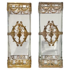 Pair Antique Neoclassical Rectangular Glass Vases with Gilt Metal Mounts
