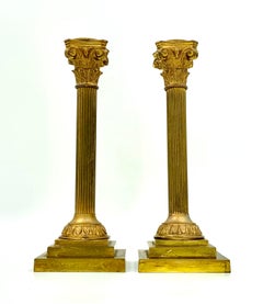 Pair Antique Neoclassical Style Corinthian Column Gilt Bronze Candle Holders