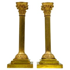 Pair Antique Neoclassical Style Corinthian Column Gilt Bronze Candle Holders