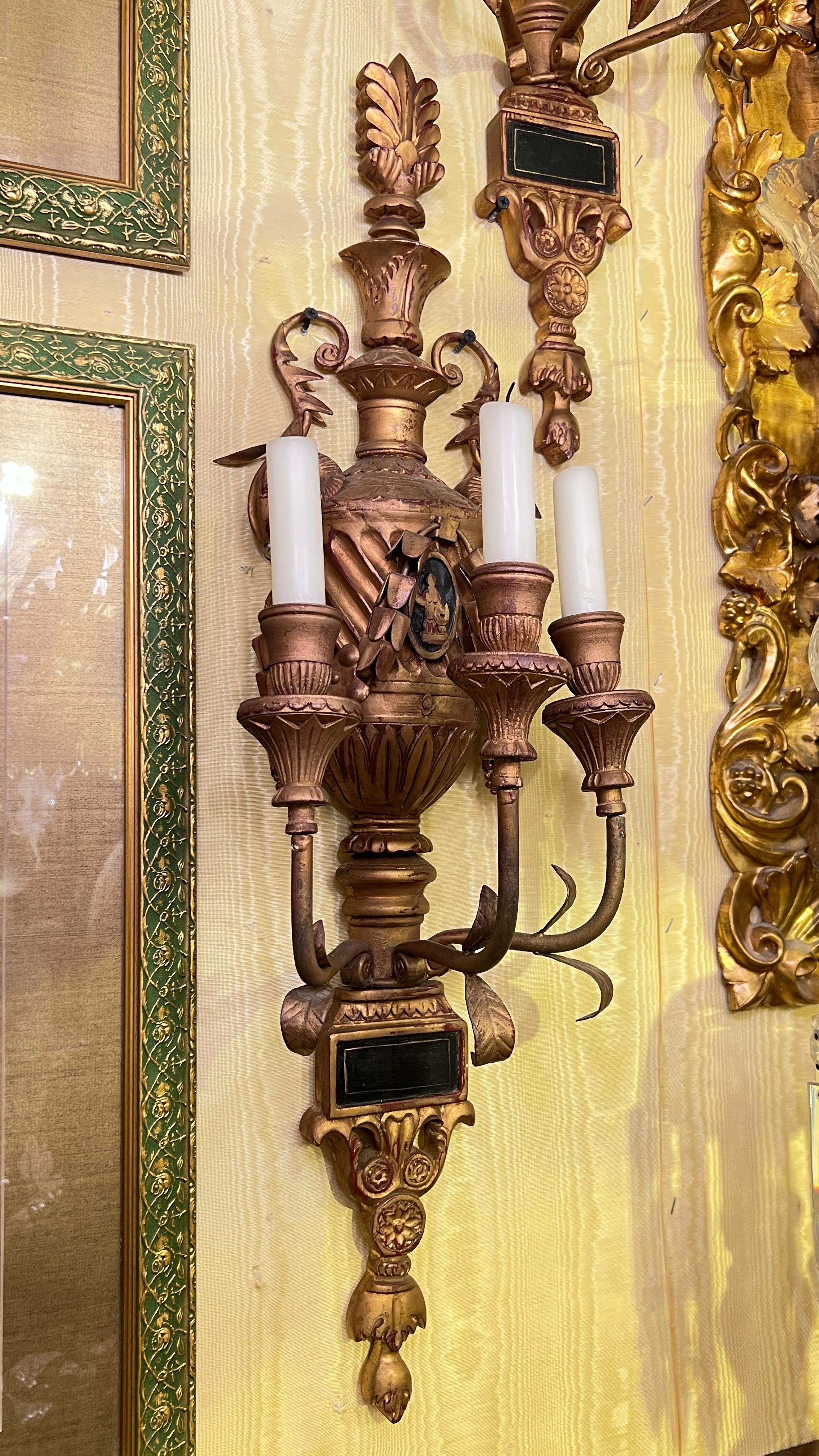 Pair Antique Neoclassical Three-Light gilt wood Wall Lights / Sconces For Sale 5