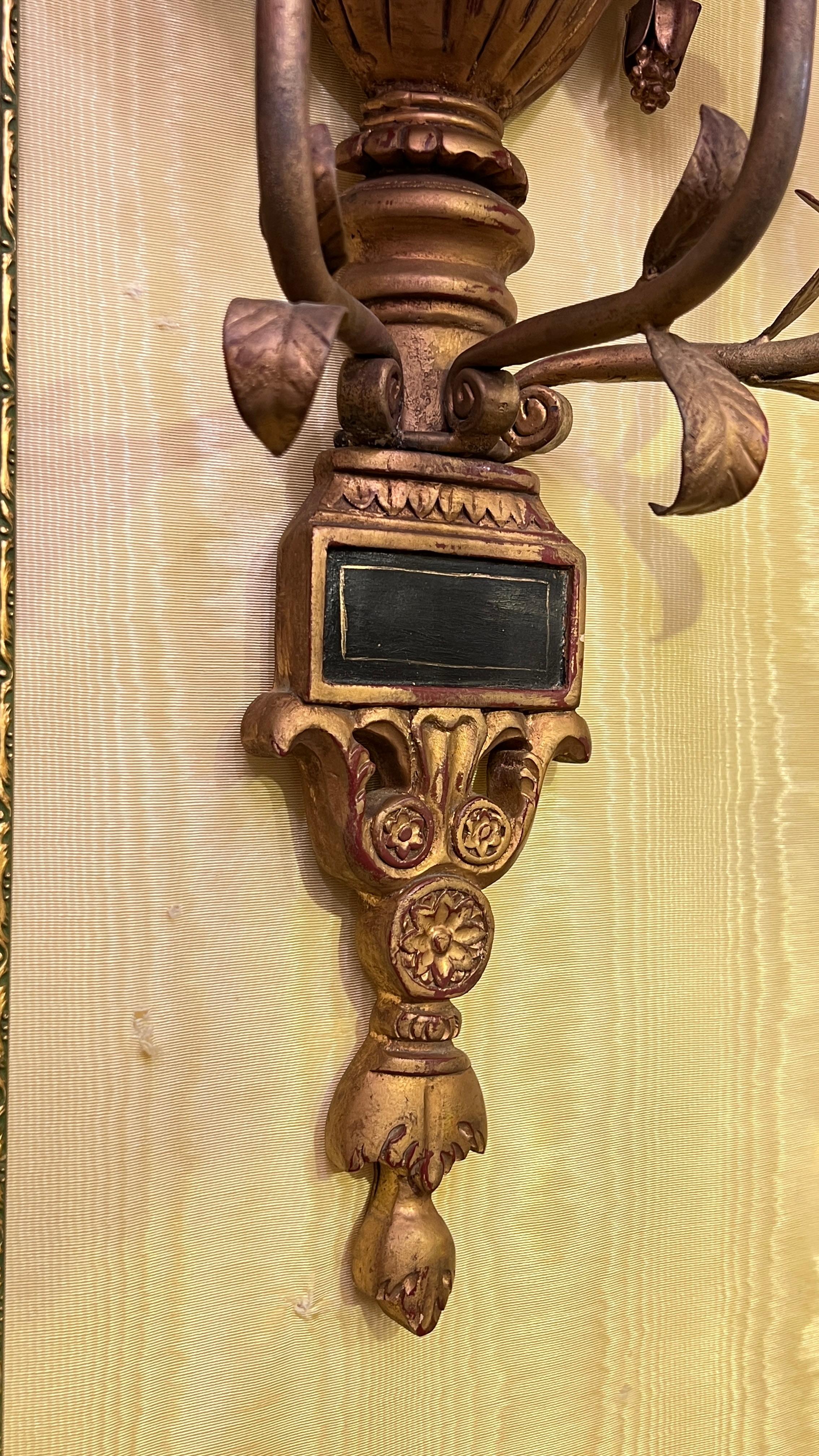 Italian Pair Antique Neoclassical Three-Light gilt wood Wall Lights / Sconces For Sale