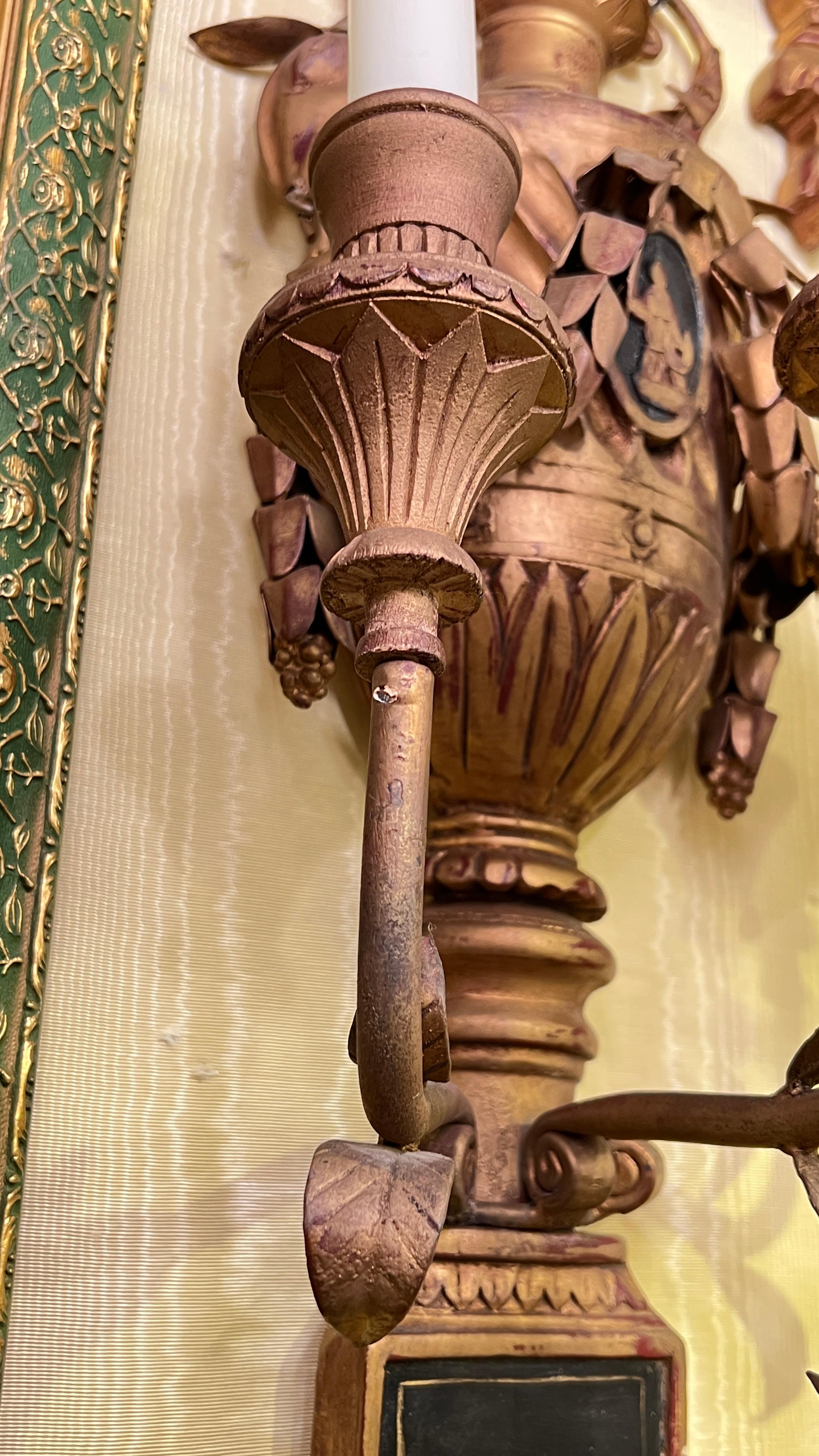 Pair Antique Neoclassical Three-Light gilt wood Wall Lights / Sconces In Fair Condition For Sale In New York, NY