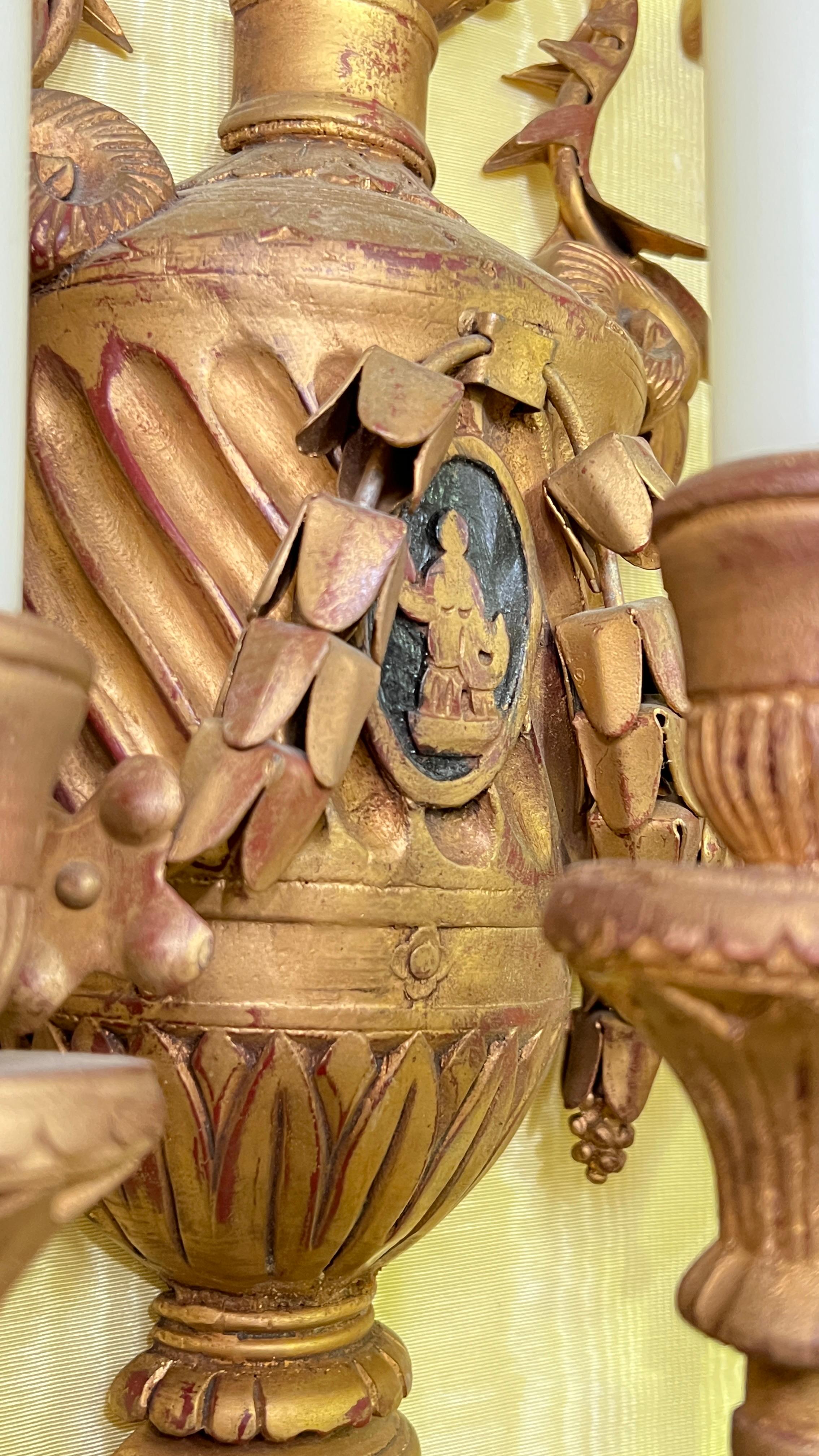 19th Century Pair Antique Neoclassical Three-Light gilt wood Wall Lights / Sconces For Sale