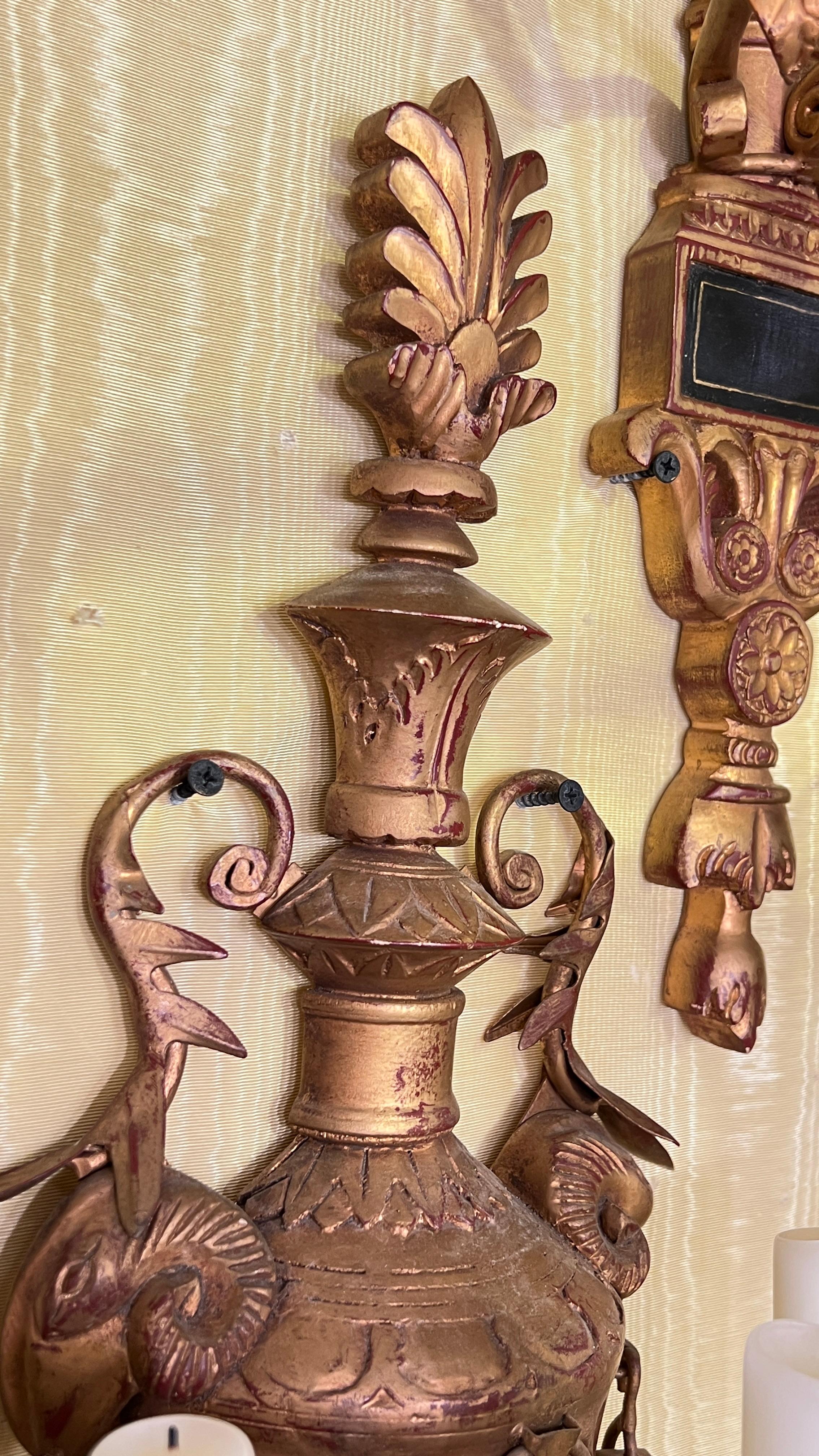 Metal Pair Antique Neoclassical Three-Light gilt wood Wall Lights / Sconces For Sale