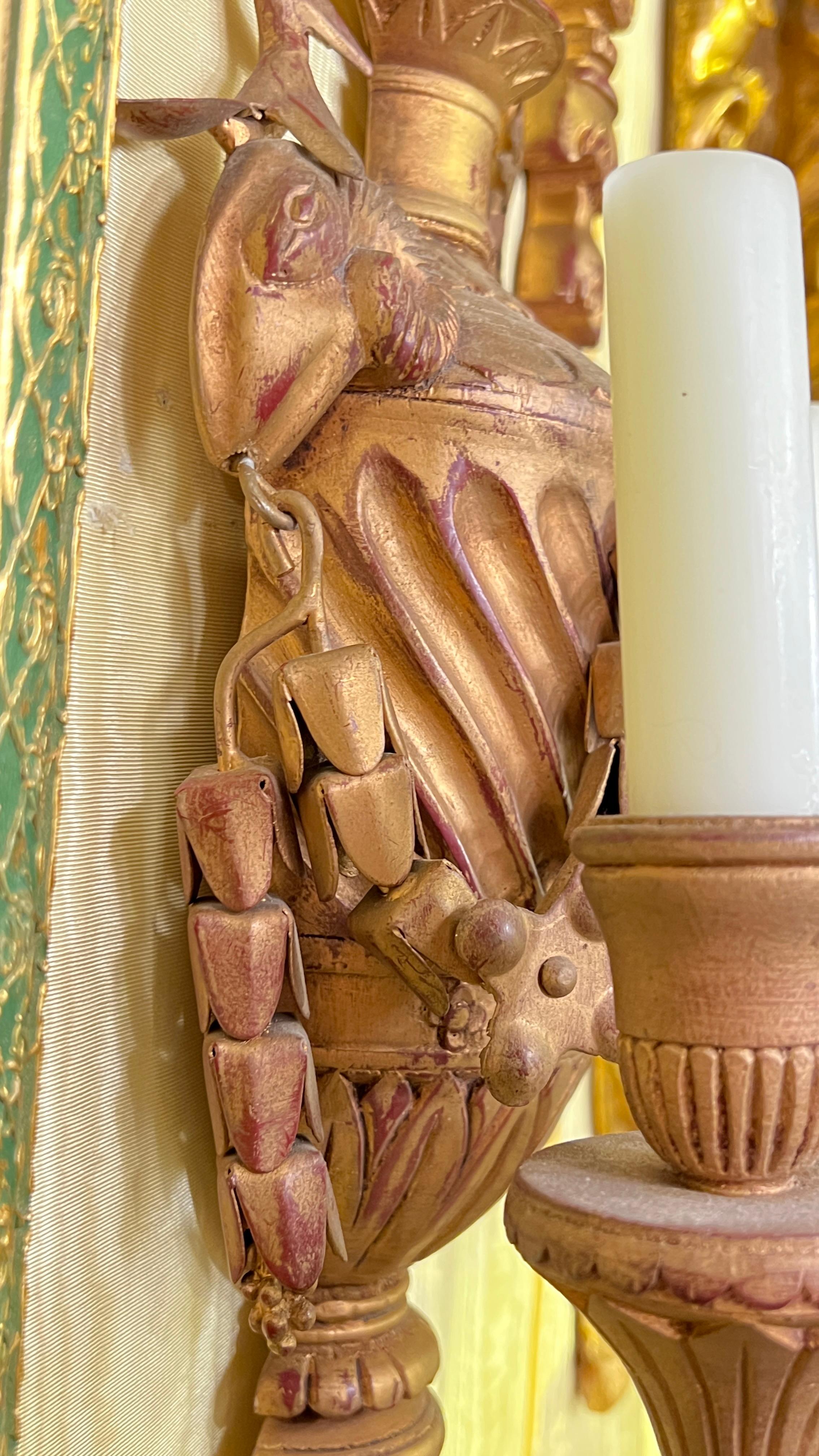 Pair Antique Neoclassical Three-Light gilt wood Wall Lights / Sconces For Sale 1