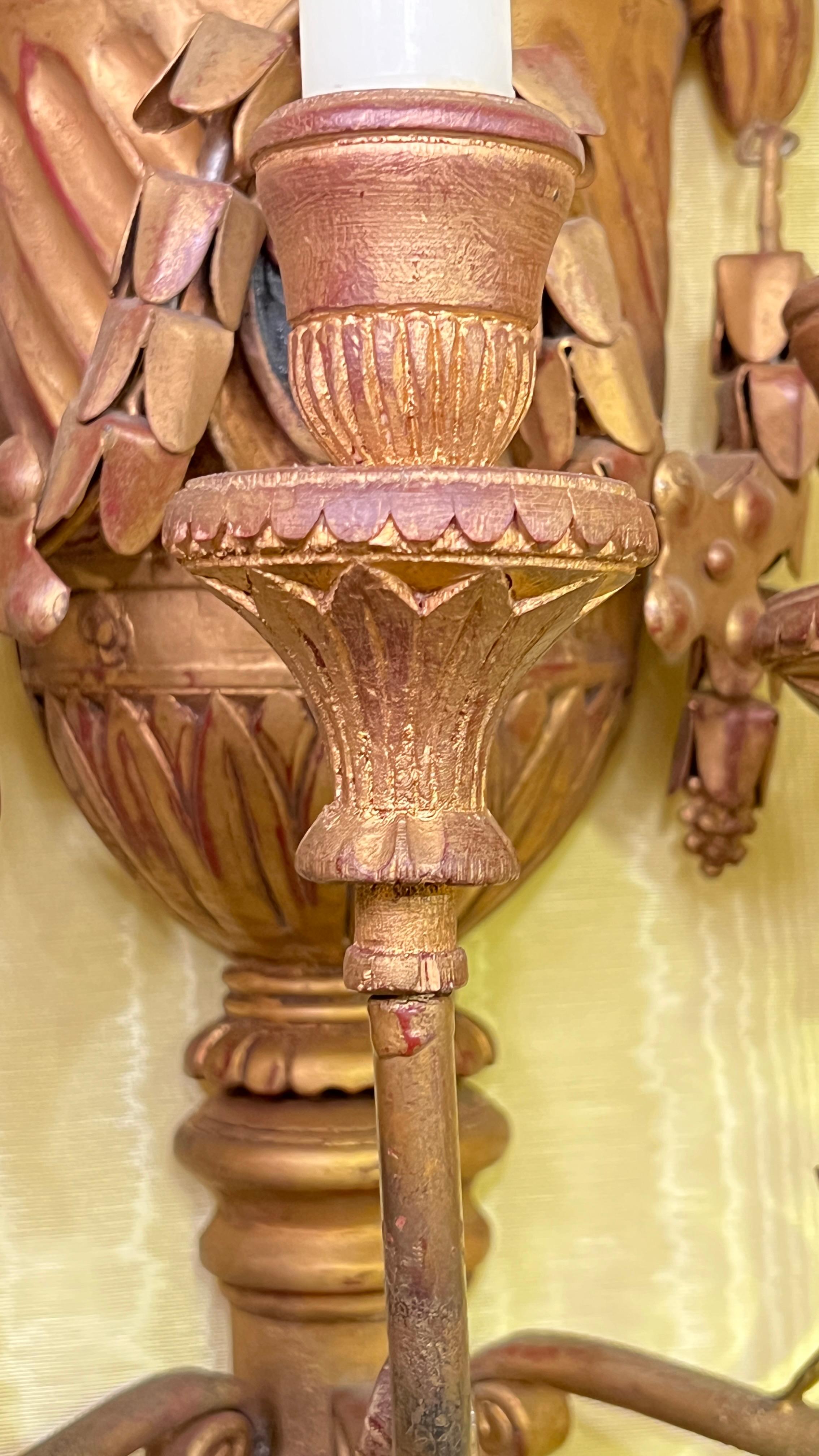 Pair Antique Neoclassical Three-Light gilt wood Wall Lights / Sconces For Sale 2