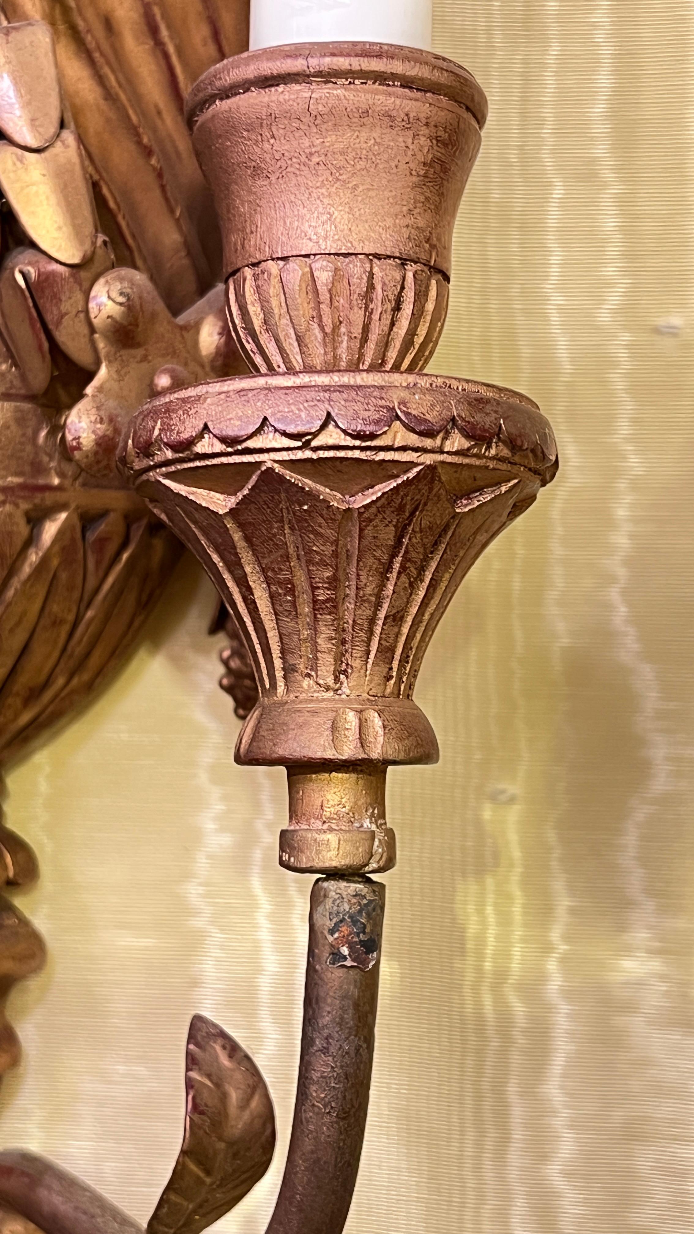 Pair Antique Neoclassical Three-Light gilt wood Wall Lights / Sconces For Sale 3