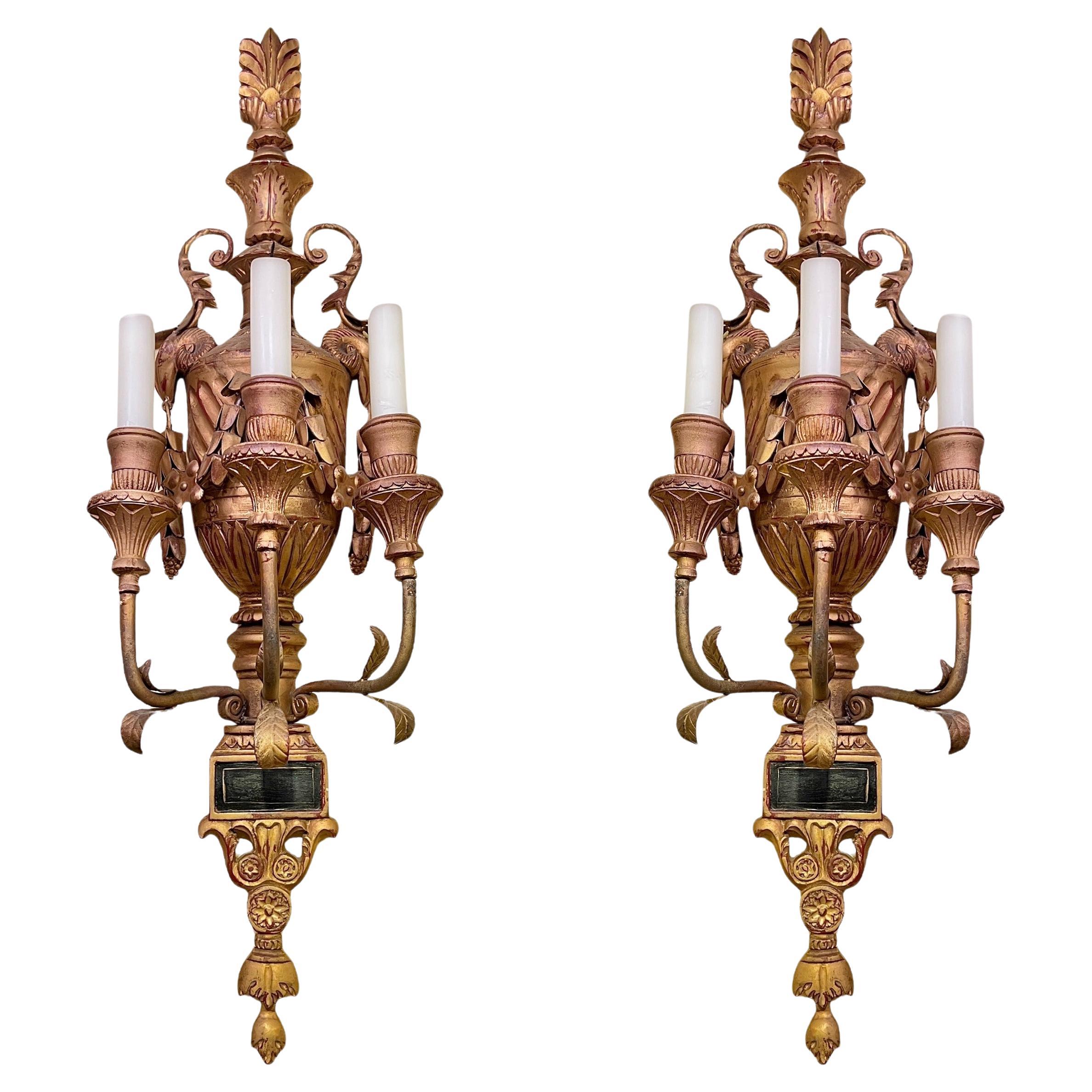 Pair Antique Neoclassical Three-Light gilt wood Wall Lights / Sconces For Sale
