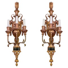 Pair Antique Neoclassical Three-Light gilt wood Wall Lights / Sconces