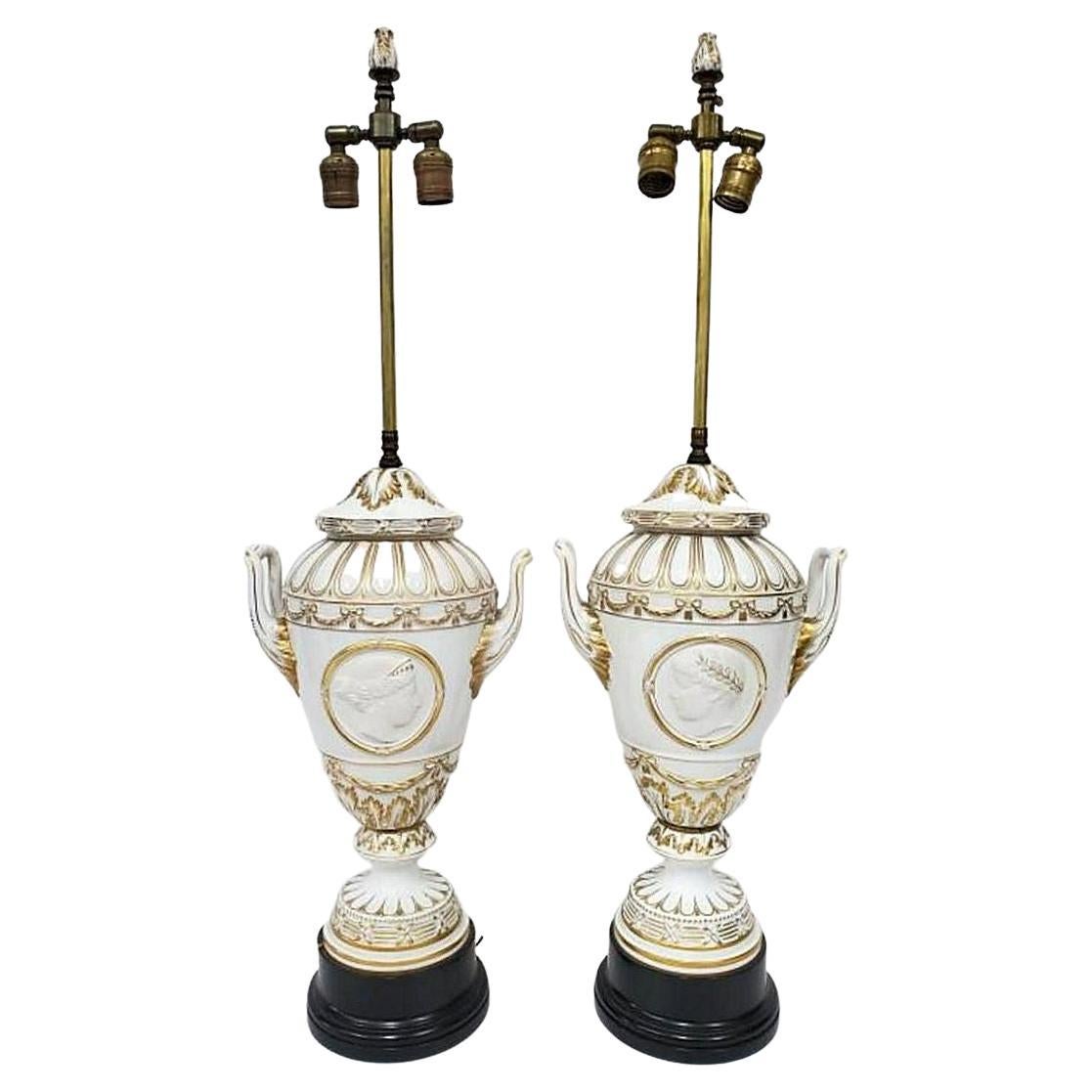 Pair Antique Neoclassical White Glazed Porcelain Table Lamps