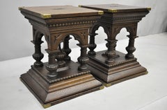 Pair of Antique Oakwood Gothic Pedestal Plant Stand Side End Tables with Handles