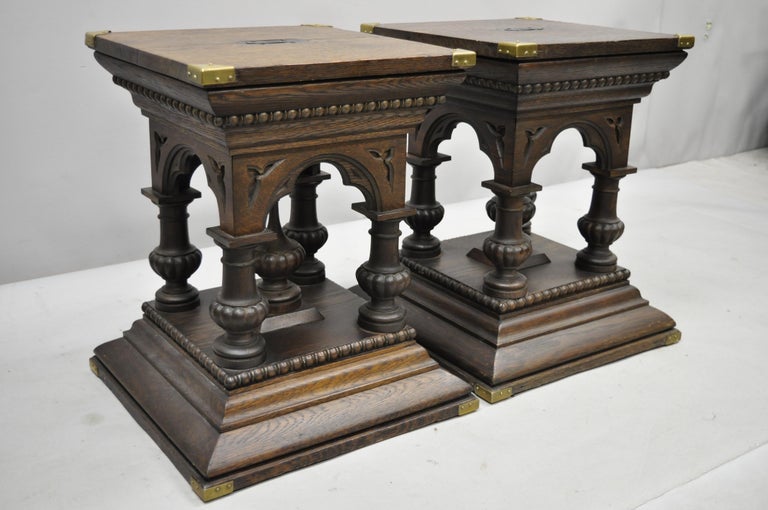 Pair of Antique Oakwood Gothic Pedestal Plant Stand Side End Tables