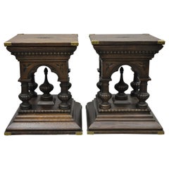 Pair of Antique Oakwood Gothic Pedestal Plant Stand Side End Tables with Handles