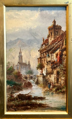 Pair Antique Oil on Canvas Paintings of Lake Maggiore & Lake Tyrol, Circa 1900.