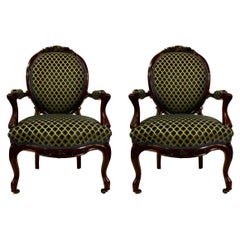 Pair Antique Old Louisiana Rosewood Armchairs, Blue Velvet Upholstery, Ca. 1850