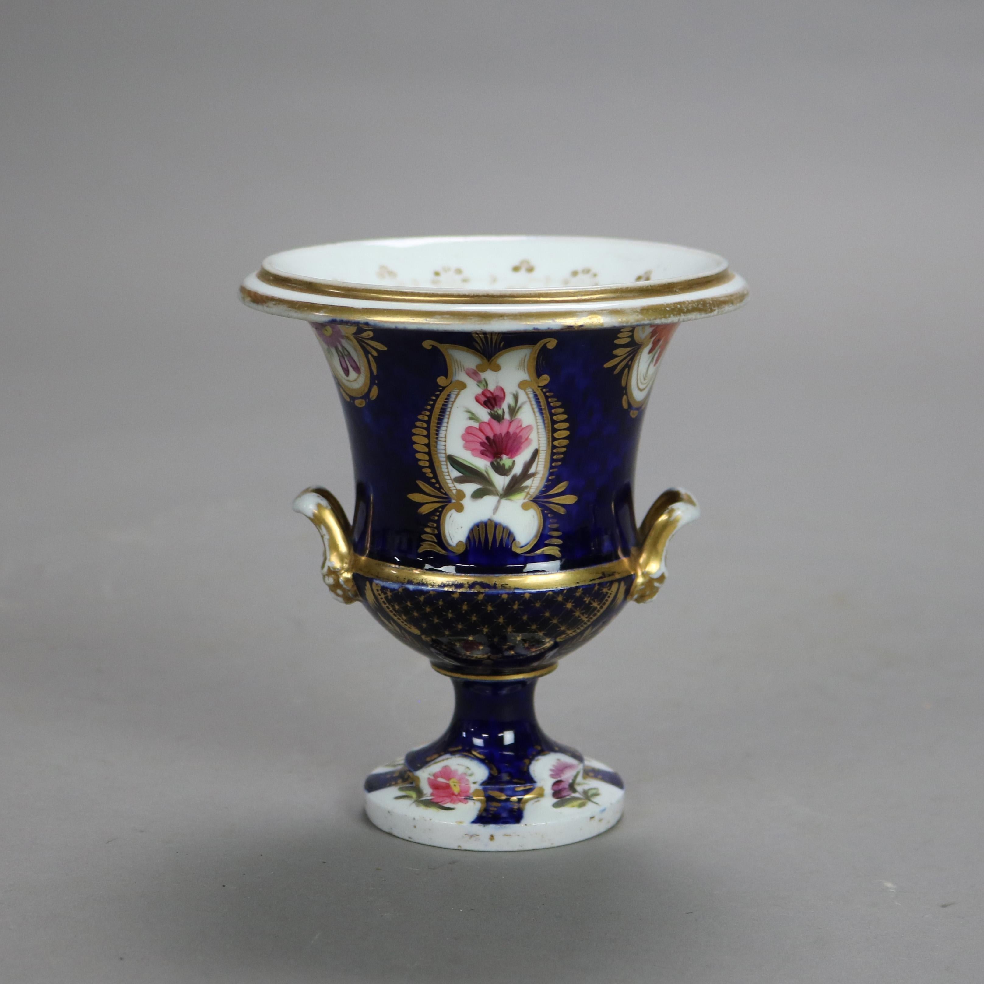 Pair Antique Old Paris Cobalt Blue Porcelain Urns with Floral Design Circa 1880 In Good Condition In Big Flats, NY