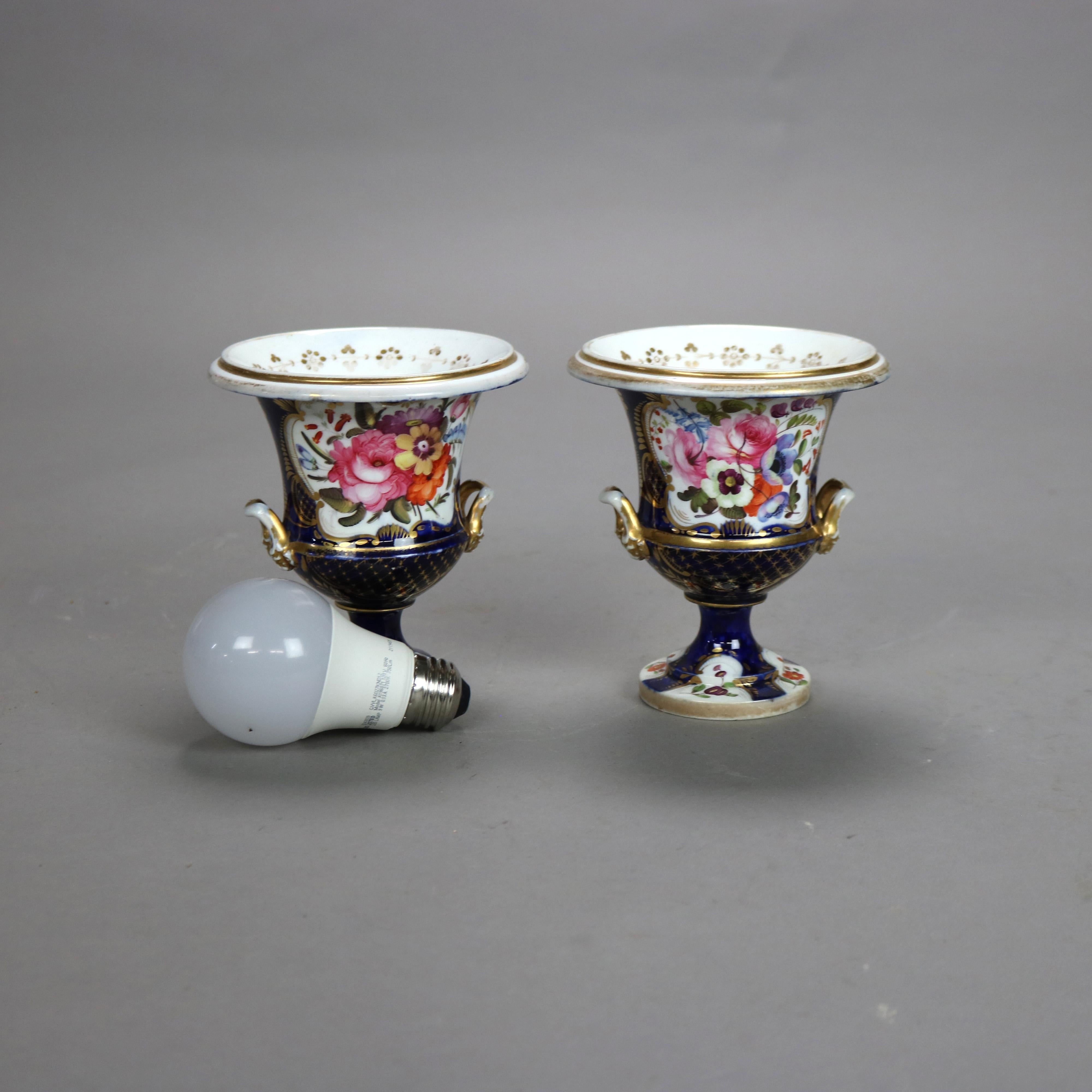 Pair Antique Old Paris Cobalt Blue Porcelain Urns with Floral Design Circa 1880 1