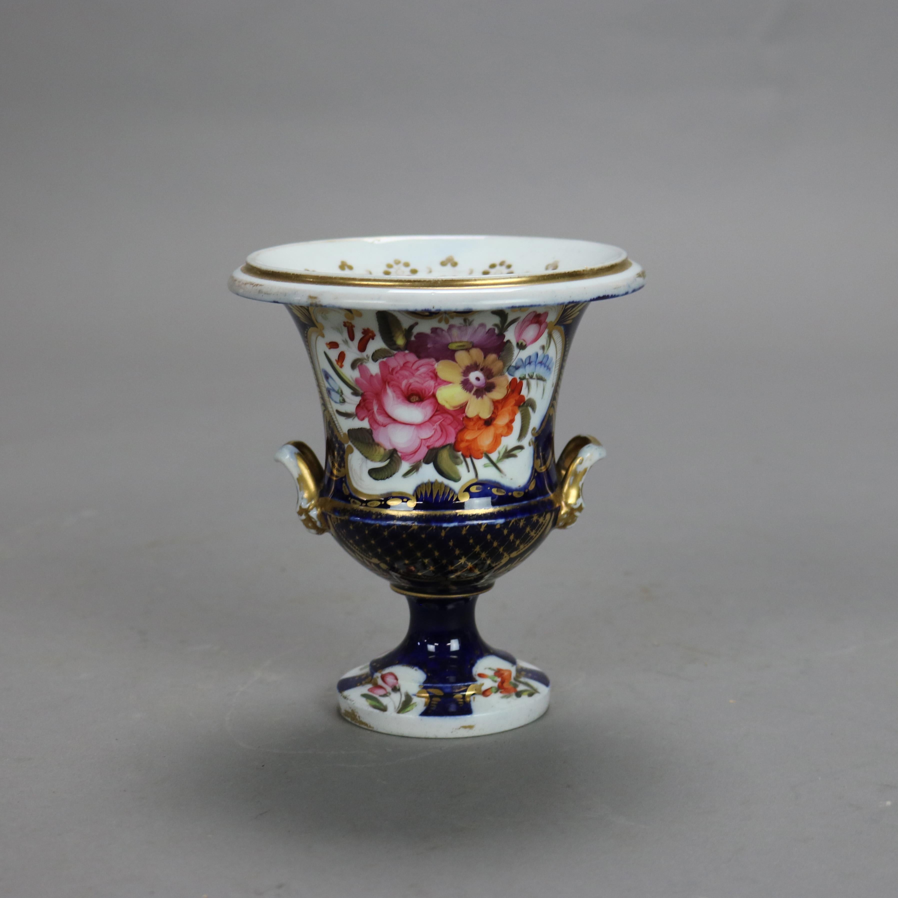 Pair Antique Old Paris Cobalt Blue Porcelain Urns with Floral Design Circa 1880 2