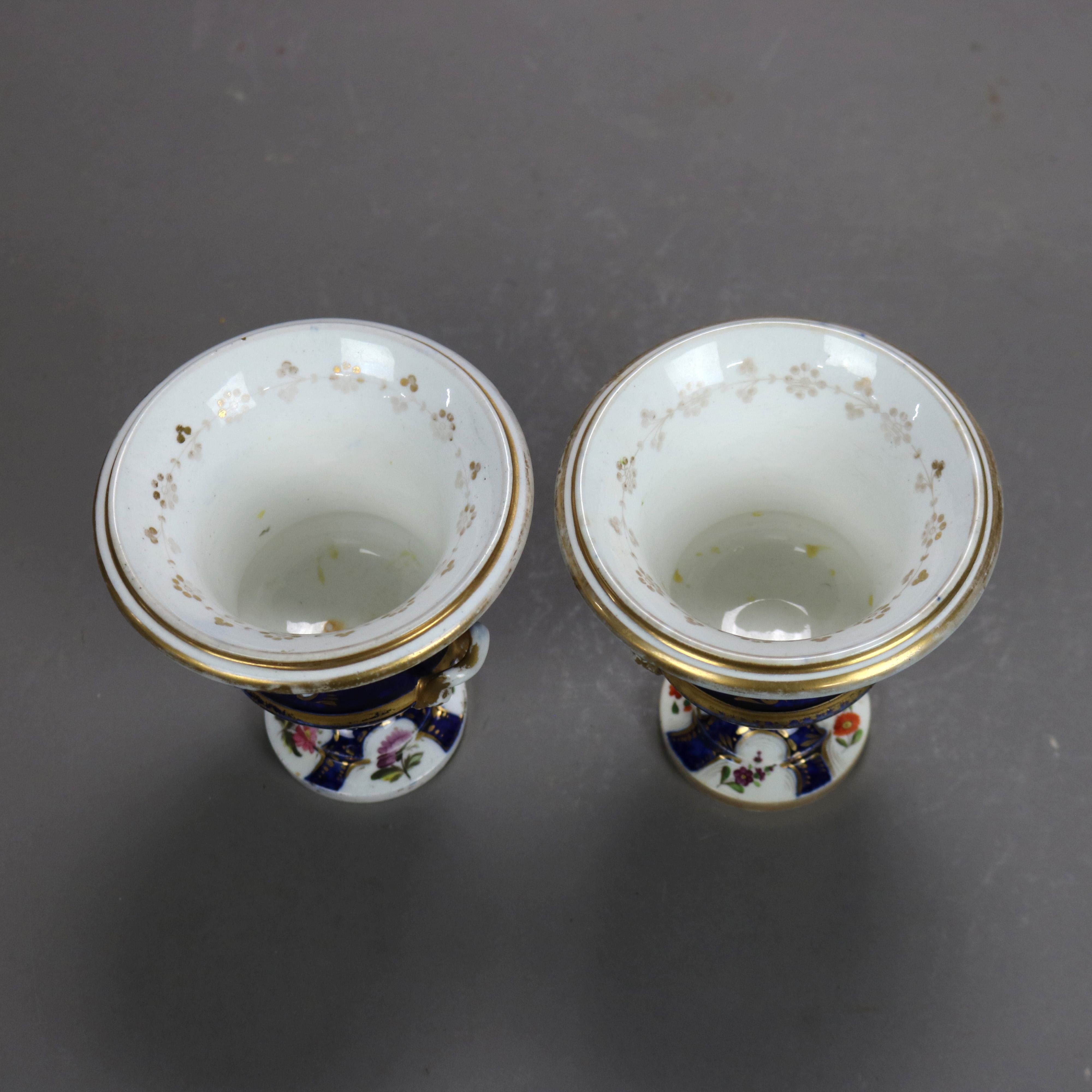 Pair Antique Old Paris Cobalt Blue Porcelain Urns with Floral Design Circa 1880 3