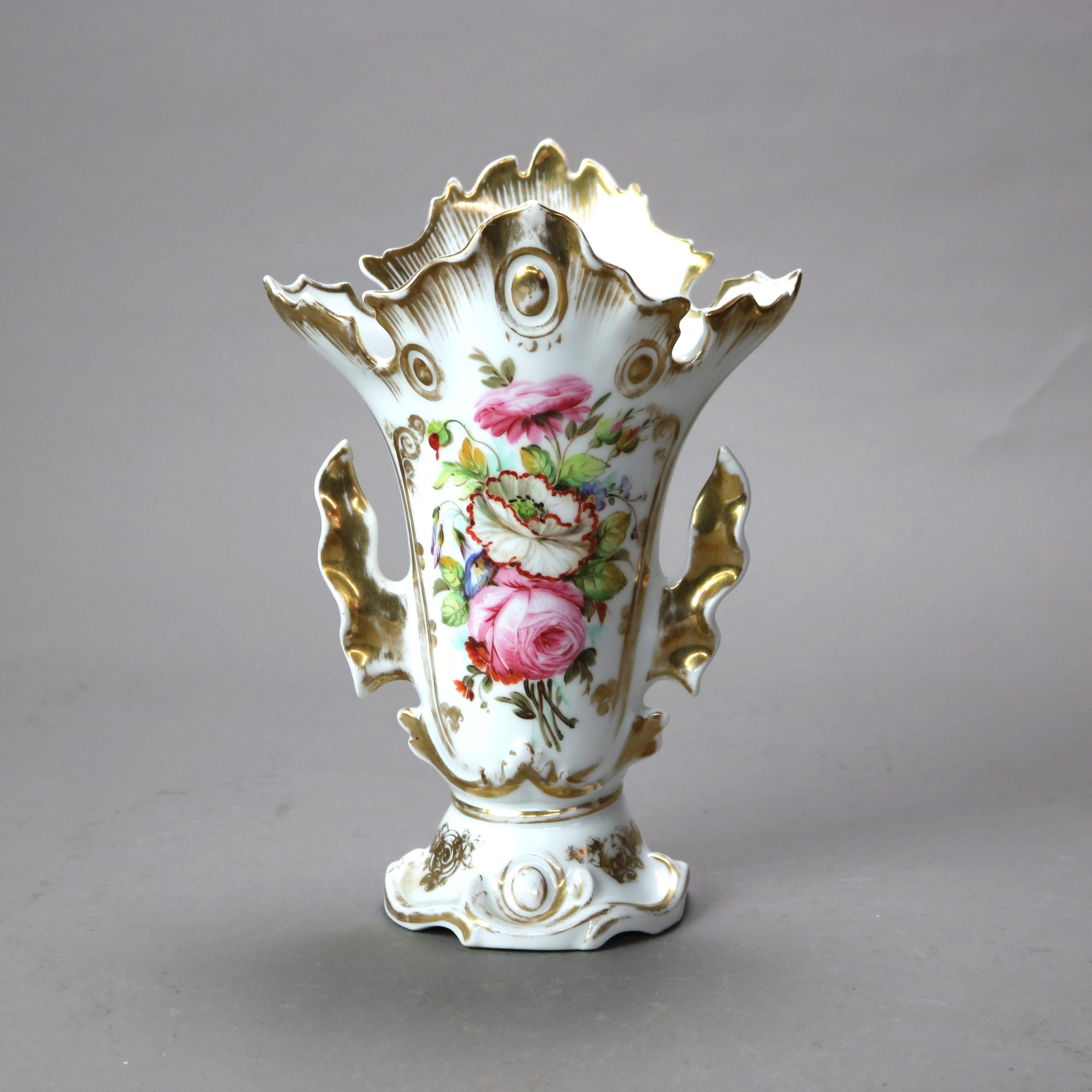 Pair Antique Old Paris Porcelain Floral Hand Painted & Gilt Spill Vases C1890 In Good Condition In Big Flats, NY